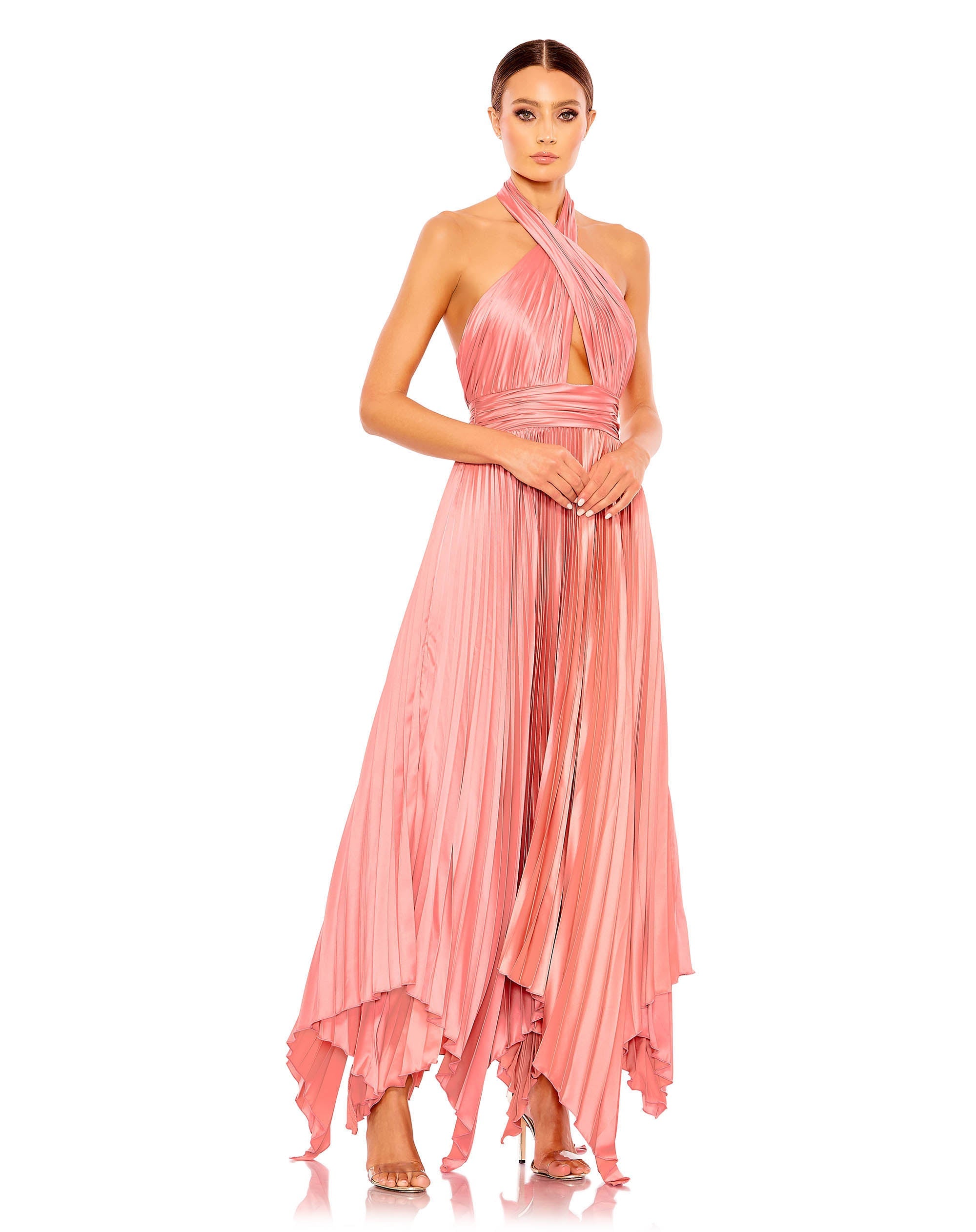 Shop Pleated Halter Neck Asymmetrical Hem Gown Online