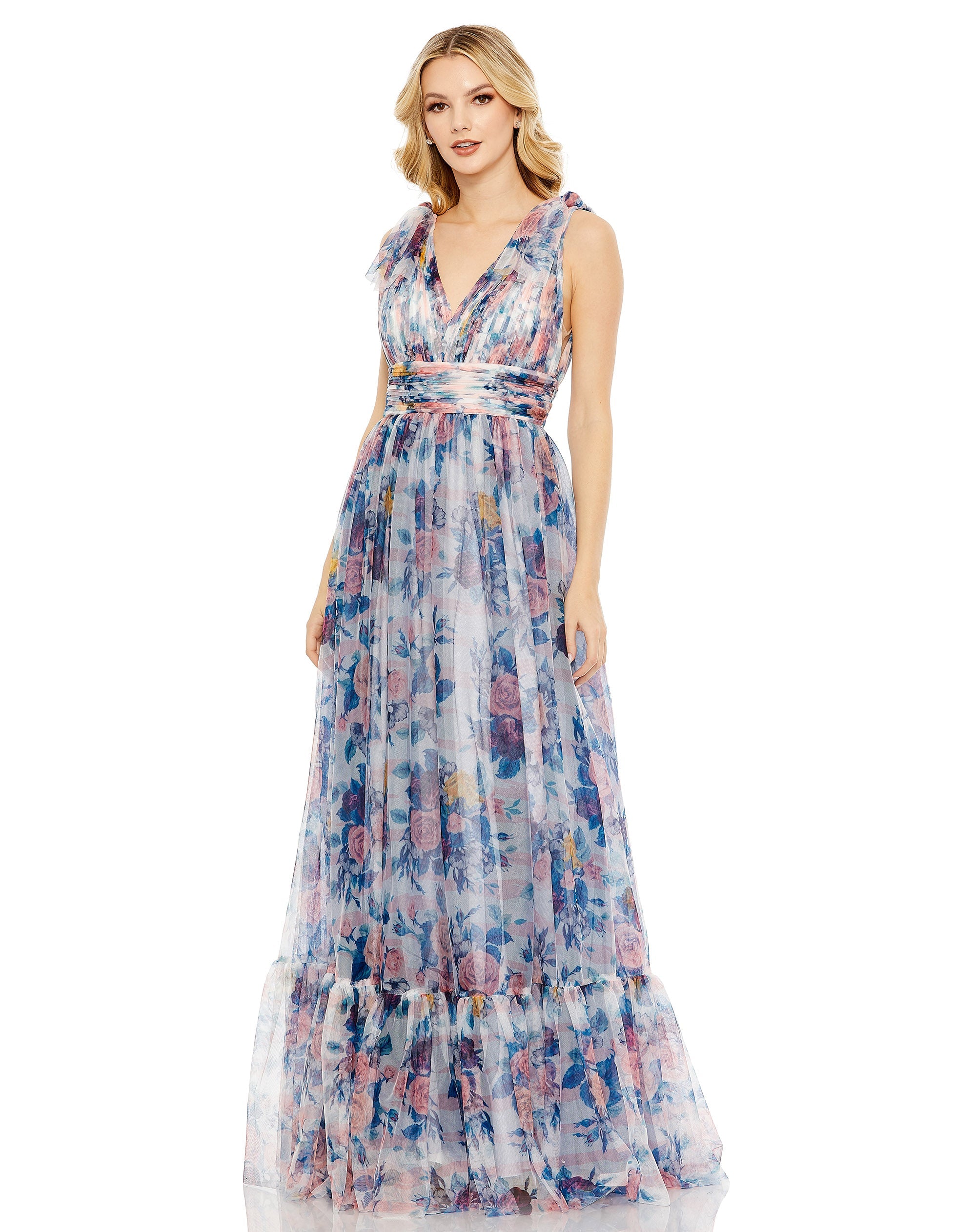 Shop Floral Print Ruched Soft Tie Sleeveless Gown Online