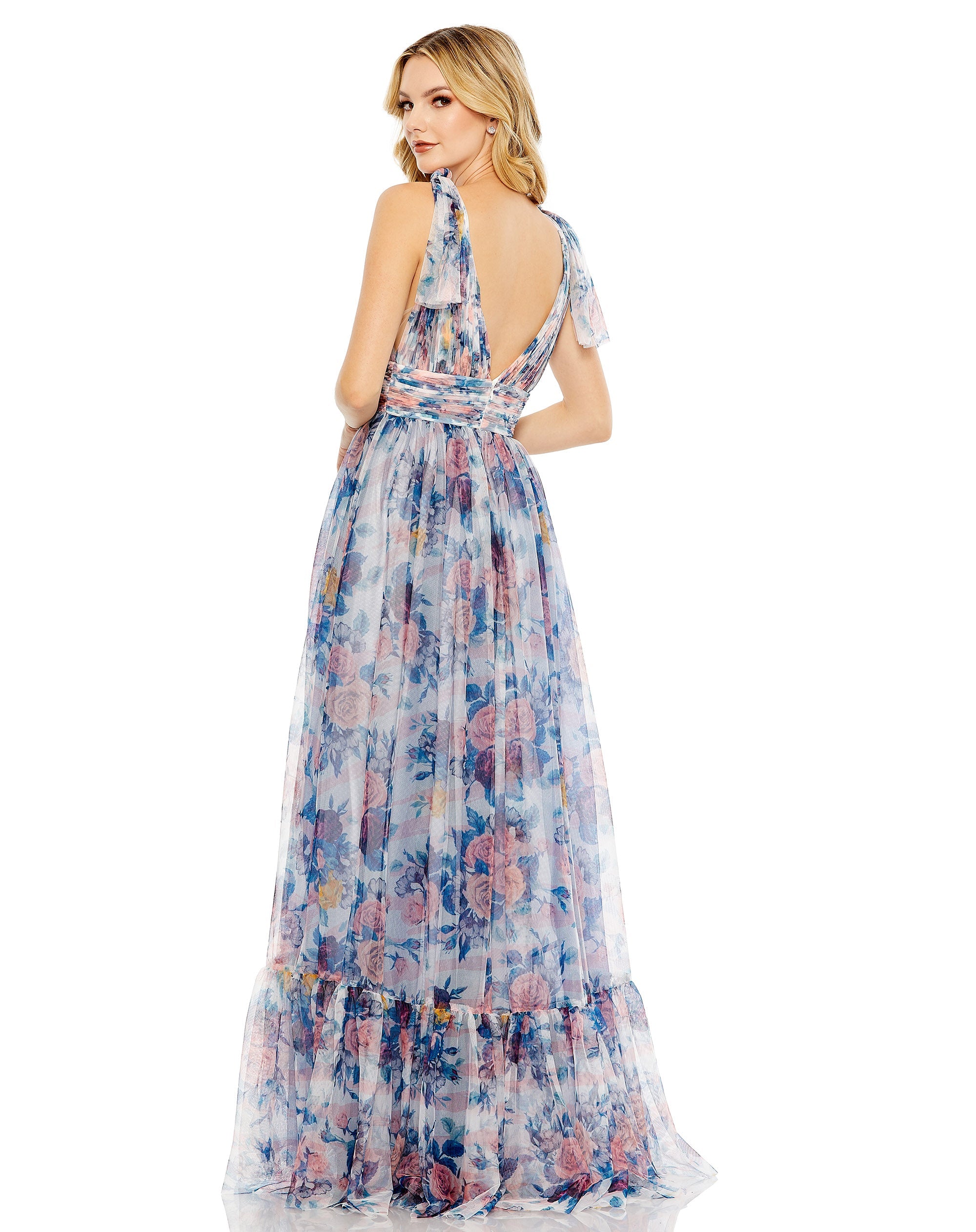 Shop Floral Print Ruched Soft Tie Sleeveless Gown Online