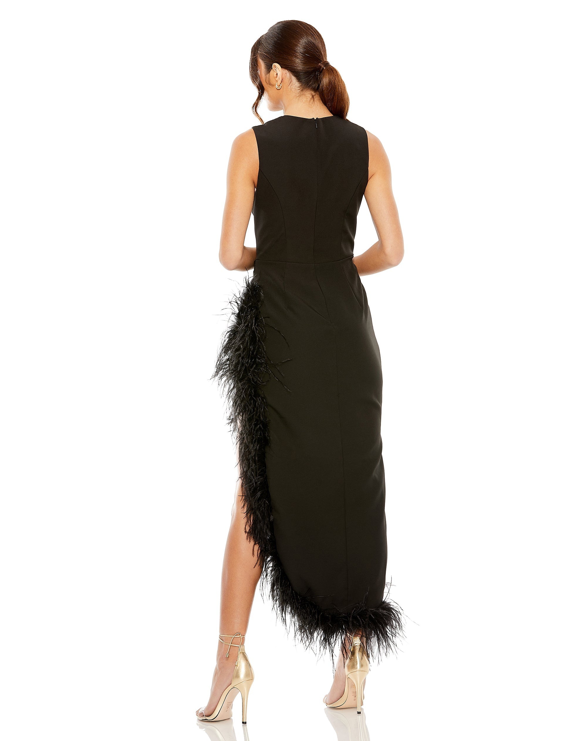 Shop Sleeveless Faux Wrap Dress With Feather Detail Online