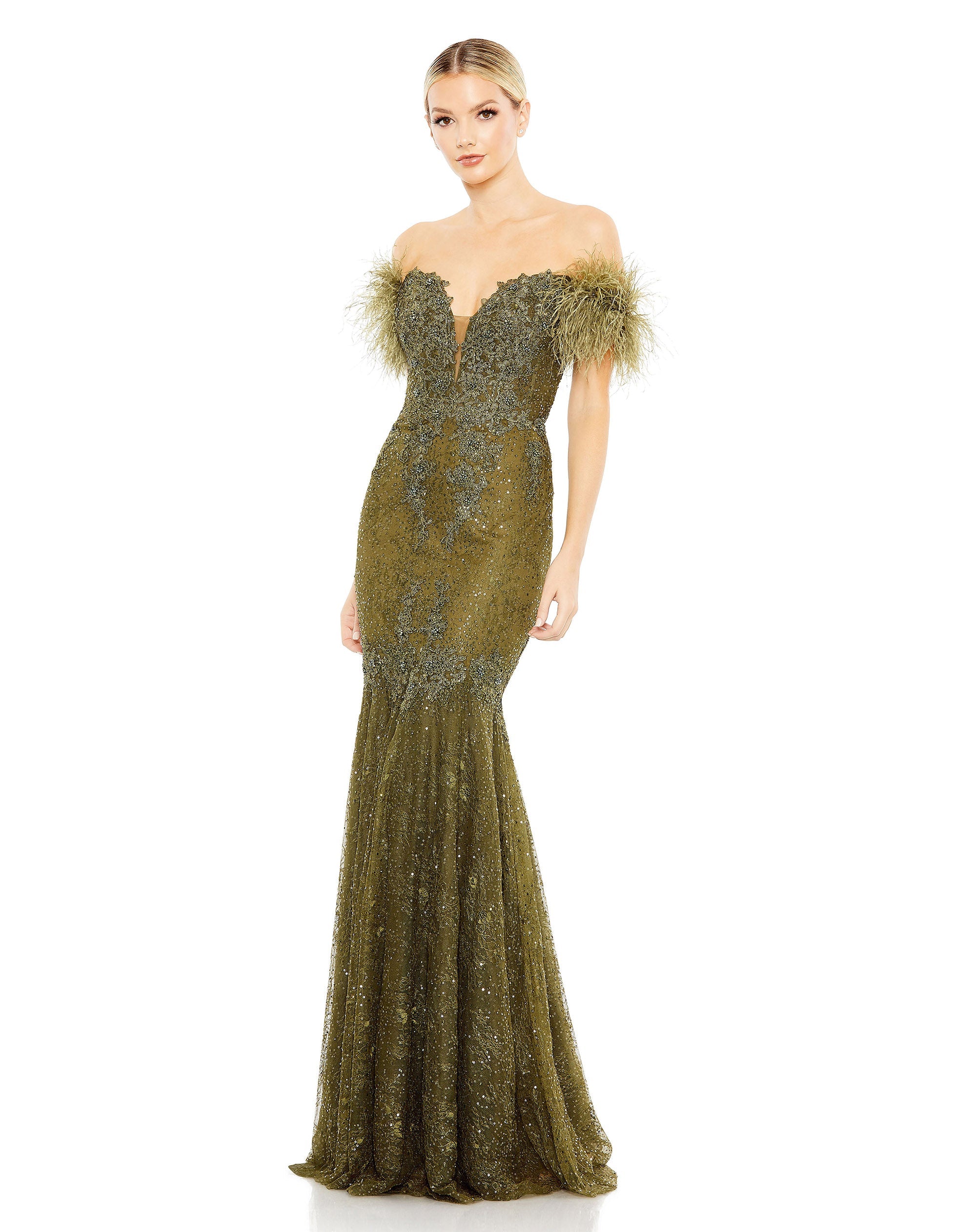 Shop Feathered Crystal Embellished Sleeveless Gown Online