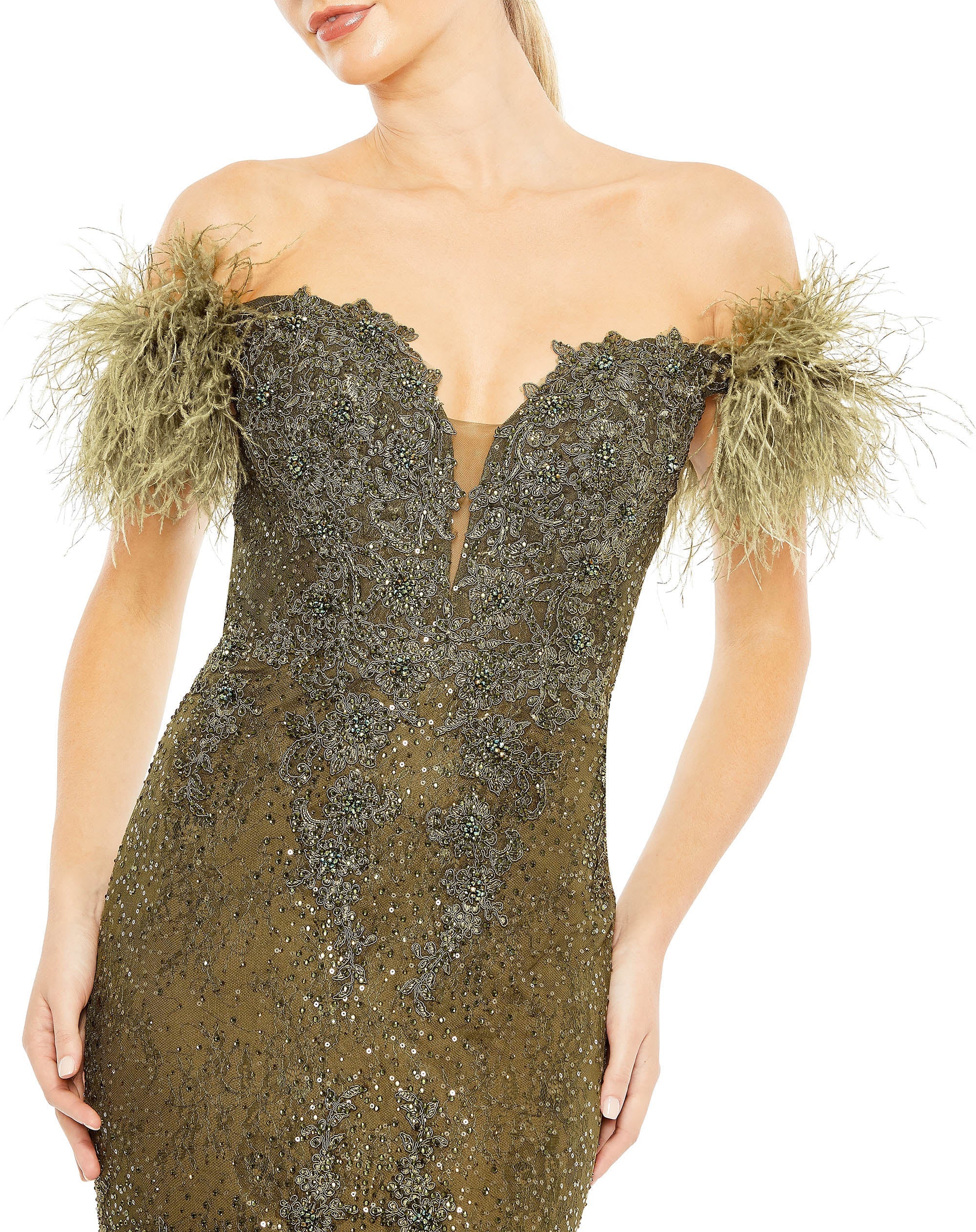 Shop Feathered Crystal Embellished Sleeveless Gown Online