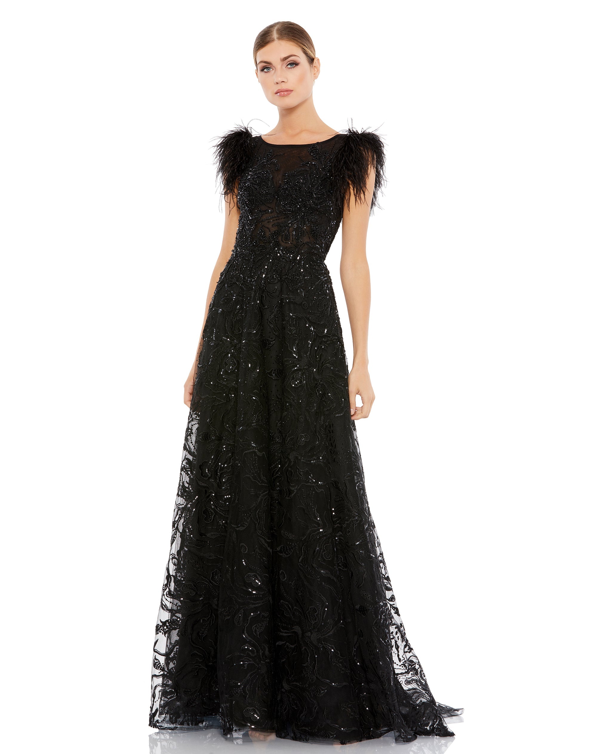 Shop Embellished Feather Cap Sleeve Bateau A Line Gown Online