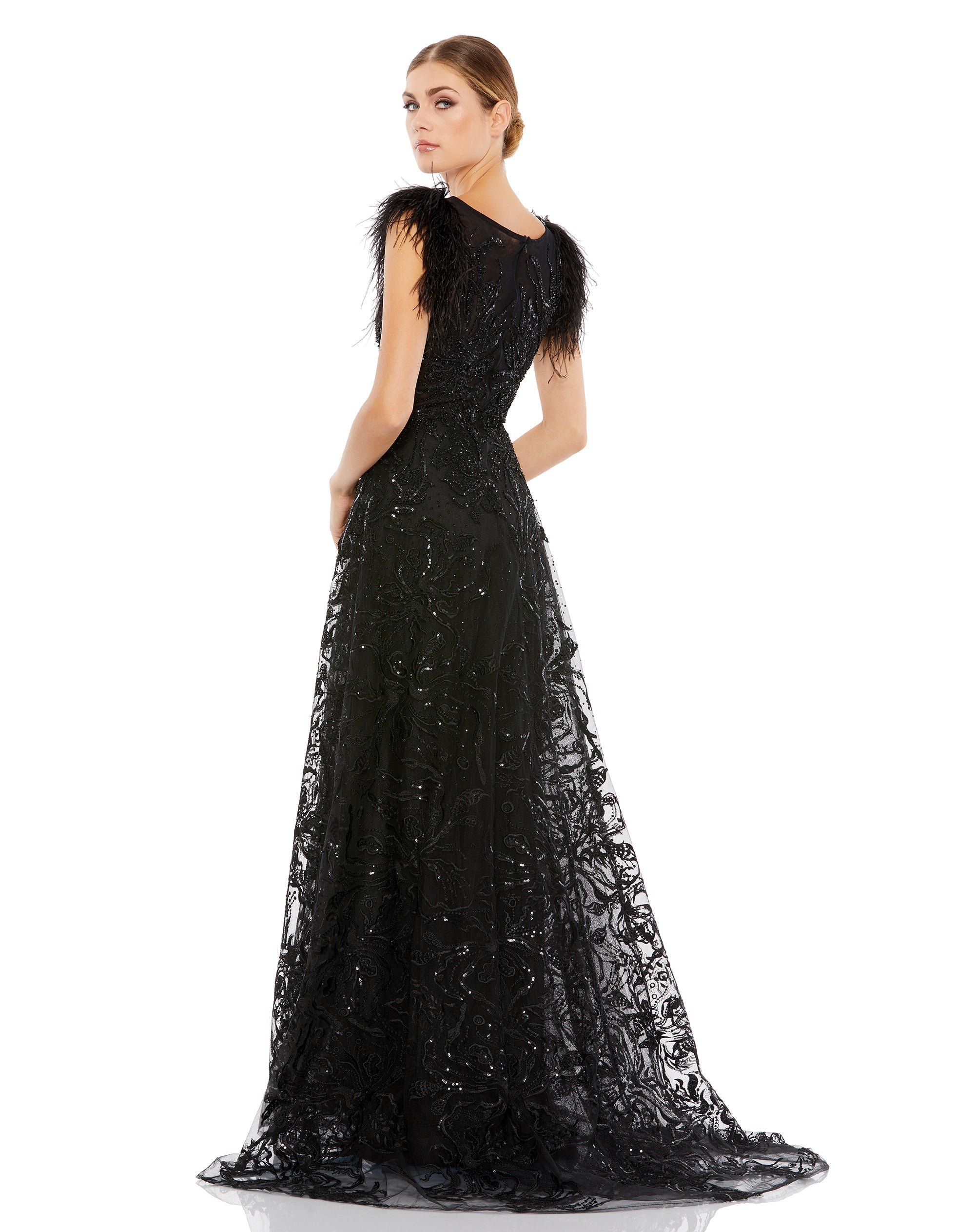 Shop Embellished Feather Cap Sleeve Bateau A Line Gown Online