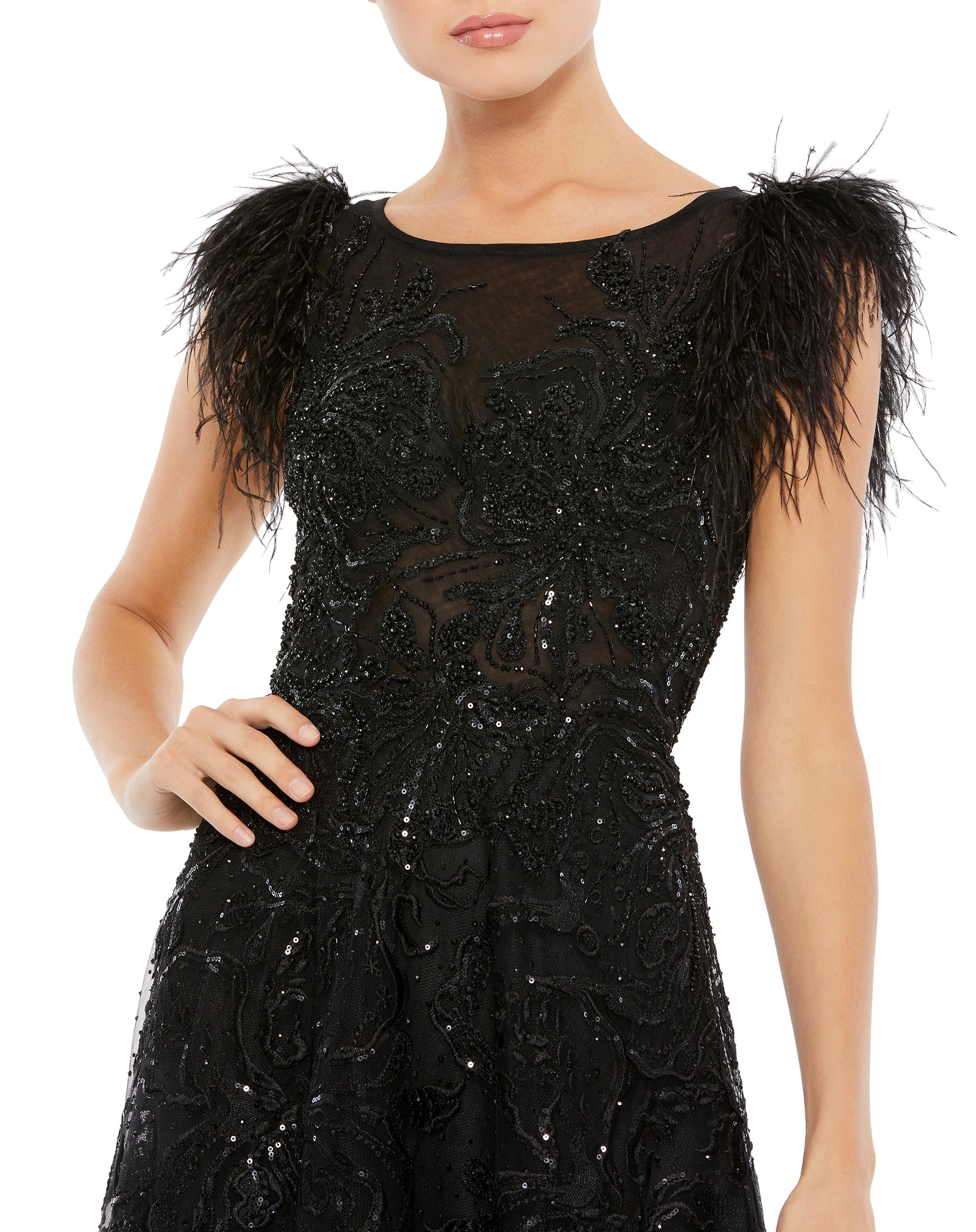 Shop Embellished Feather Cap Sleeve Bateau A Line Gown Online