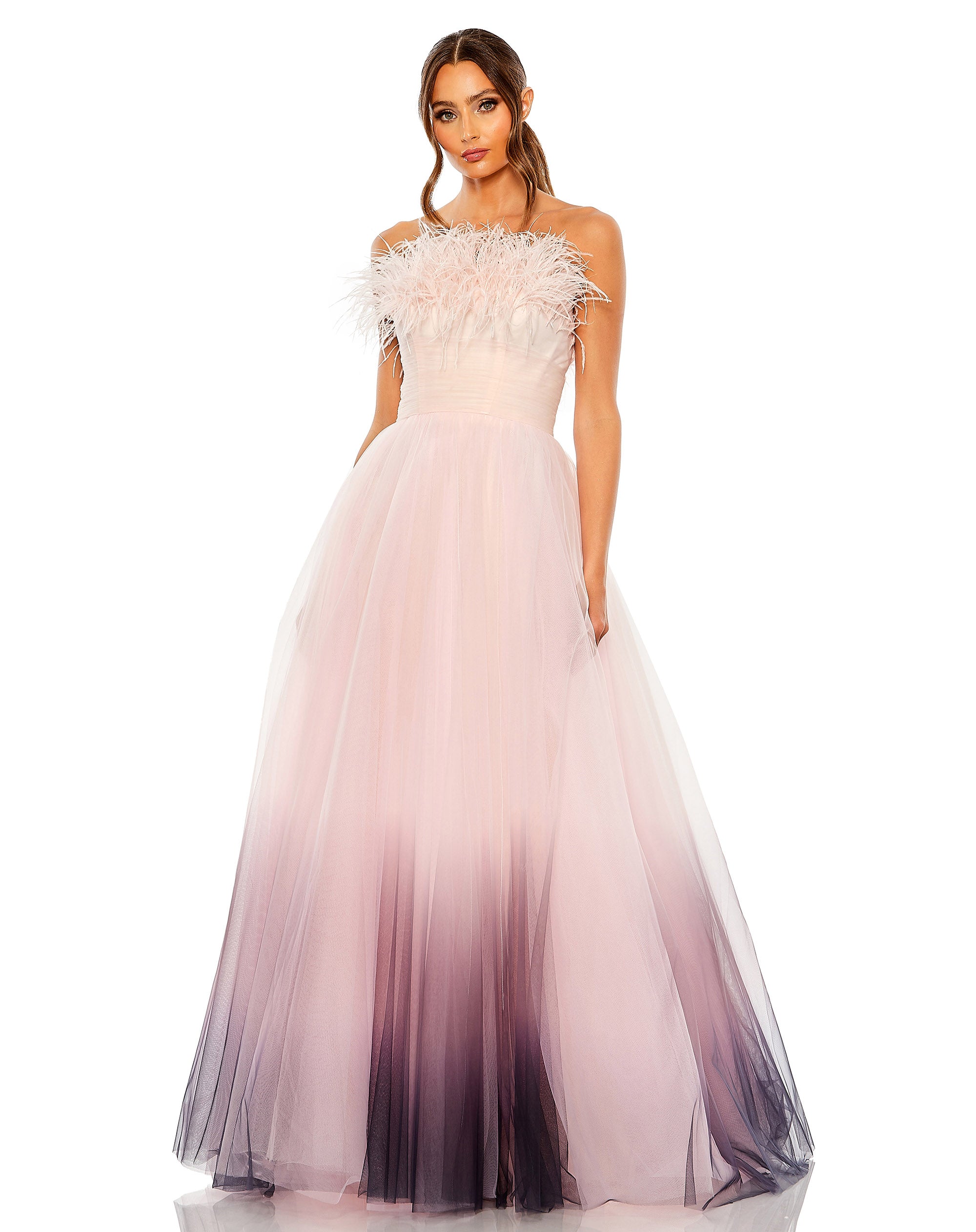 Shop Strapless Feather Hem Tulle Gown Online