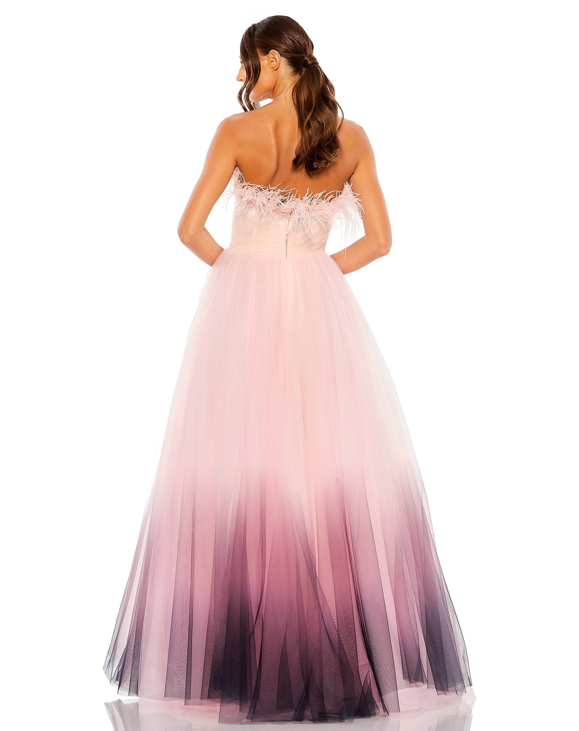 Shop Strapless Feather Hem Tulle Gown Online