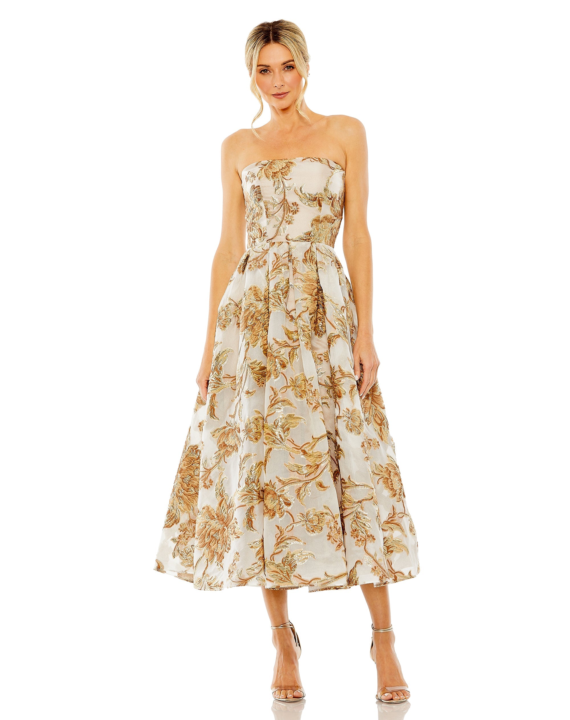 Shop Strapless Brocade Midi Dress With Pockets Online