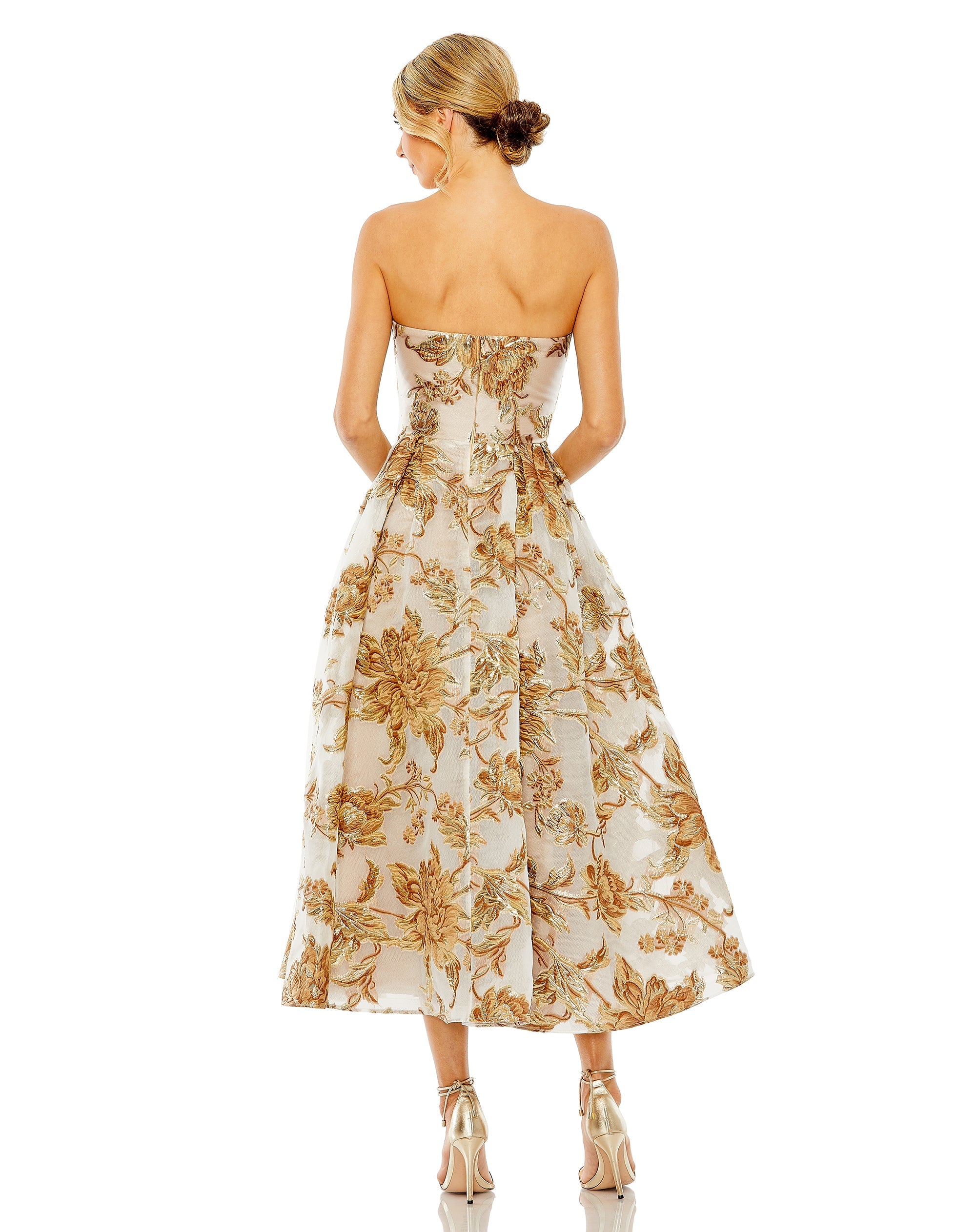 Shop Strapless Brocade Midi Dress With Pockets Online