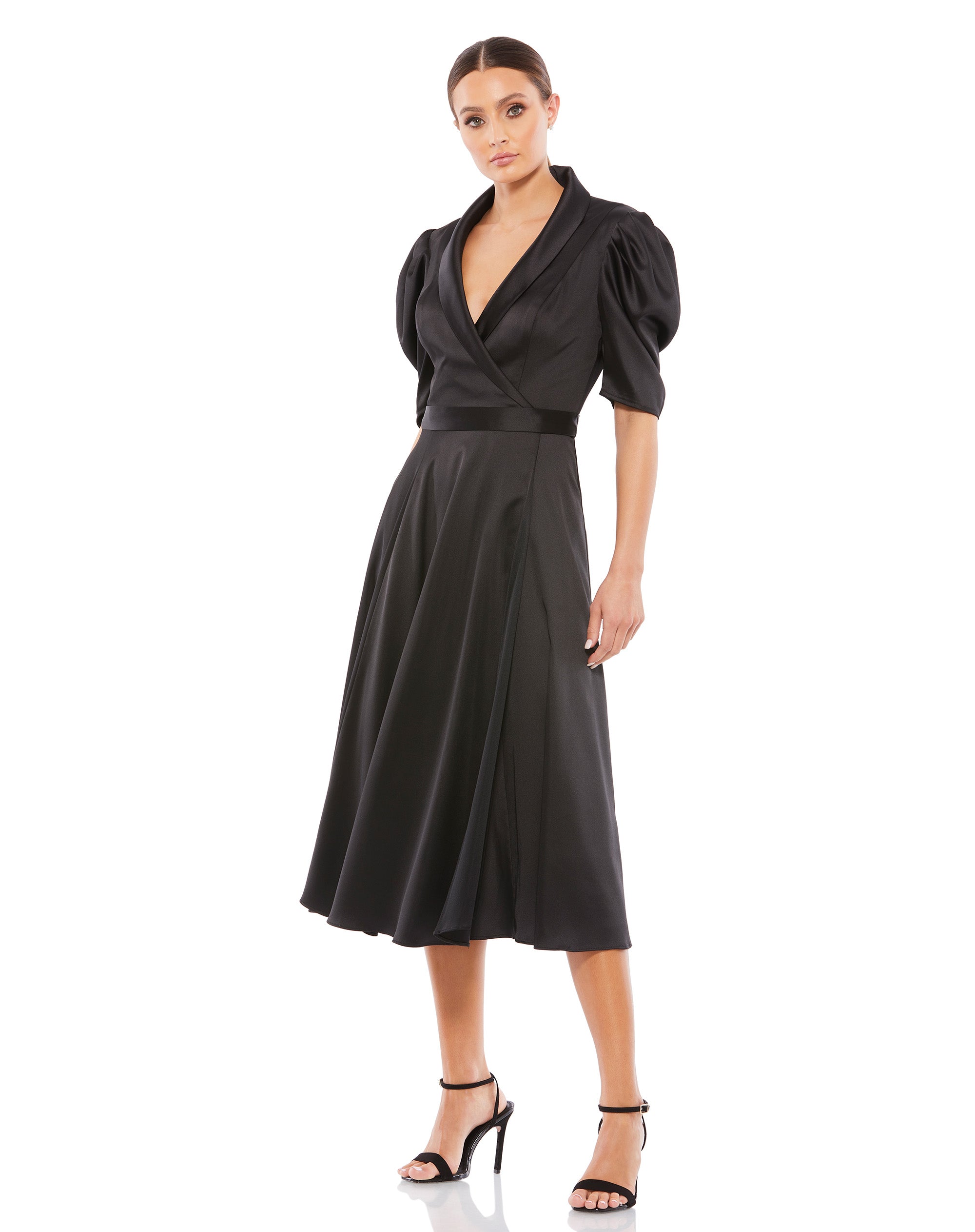 Shop Satin Lapel Puff Sleeve Tea Length Dress Online