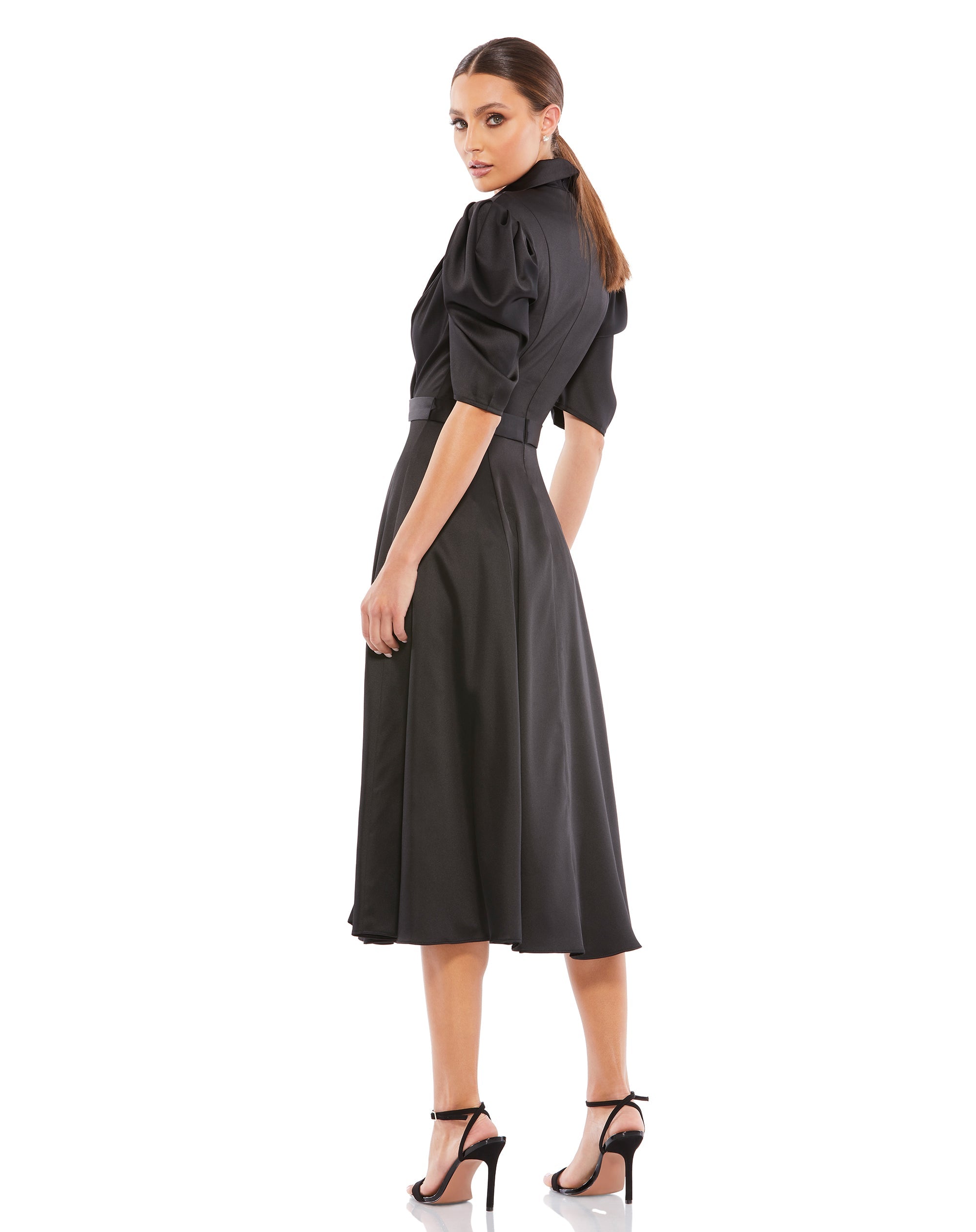 Shop Satin Lapel Puff Sleeve Tea Length Dress Online