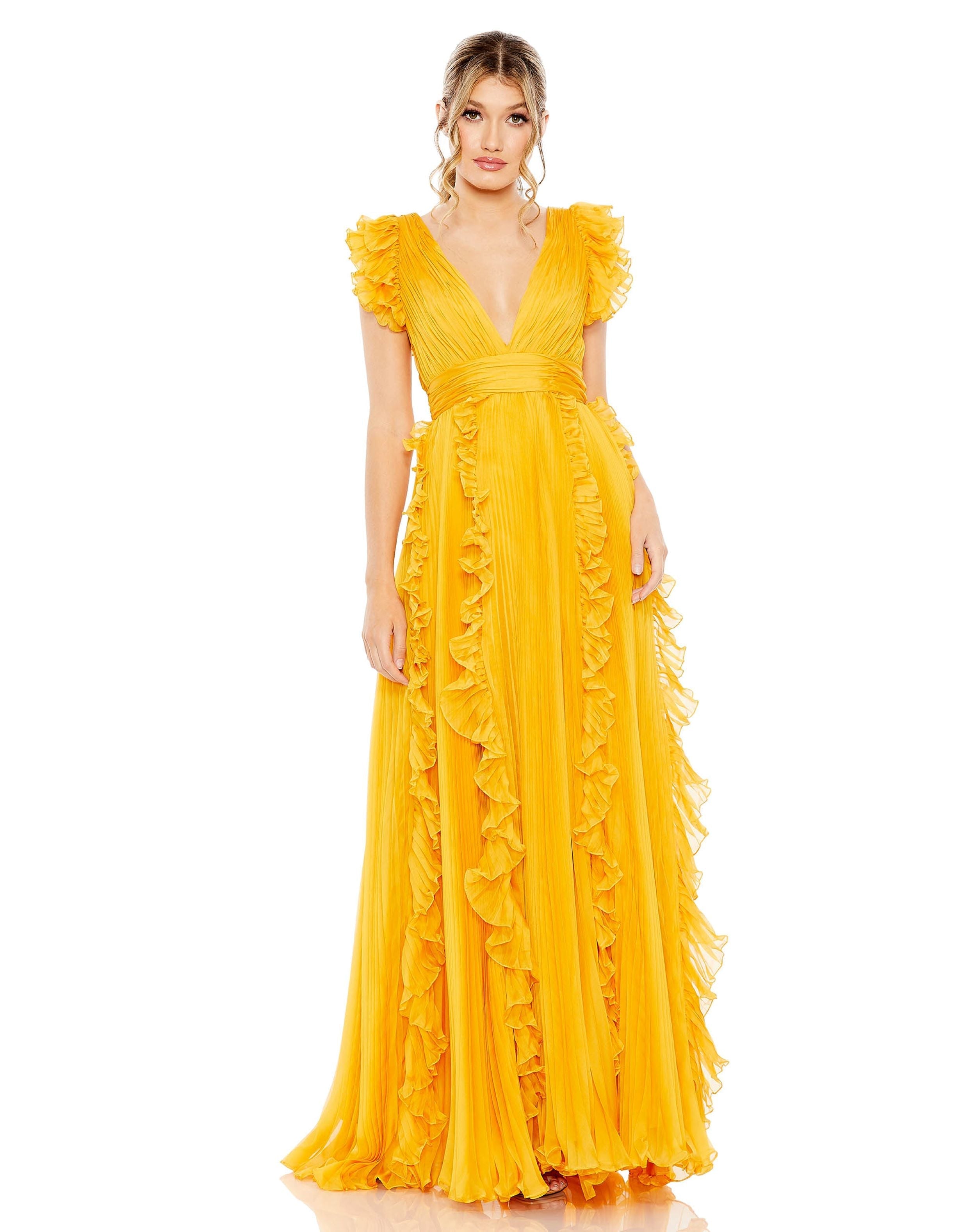 Shop Pleated Ruffle Cap Sleeve Flowy A Line Gown Online