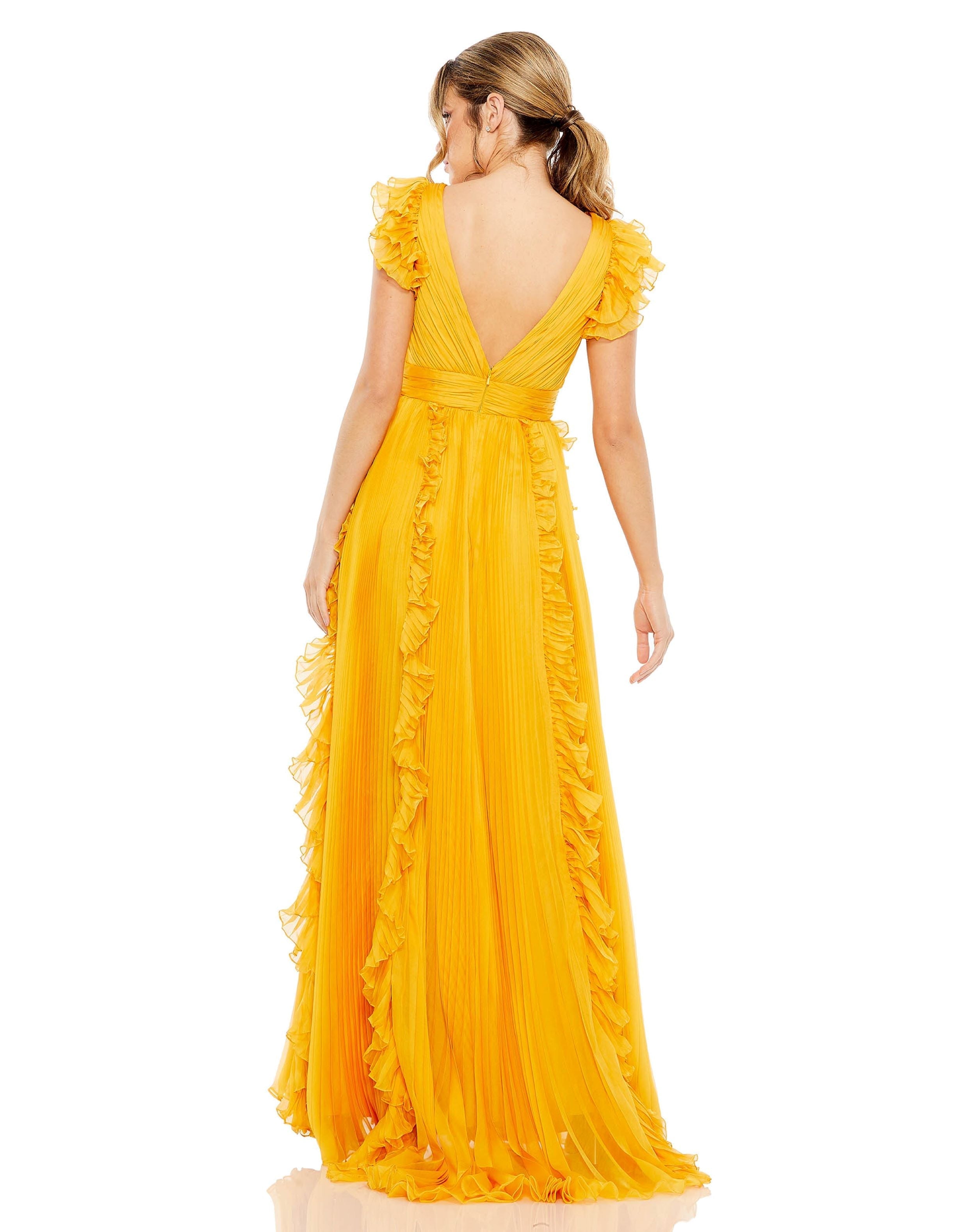 Shop Pleated Ruffle Cap Sleeve Flowy A Line Gown Online