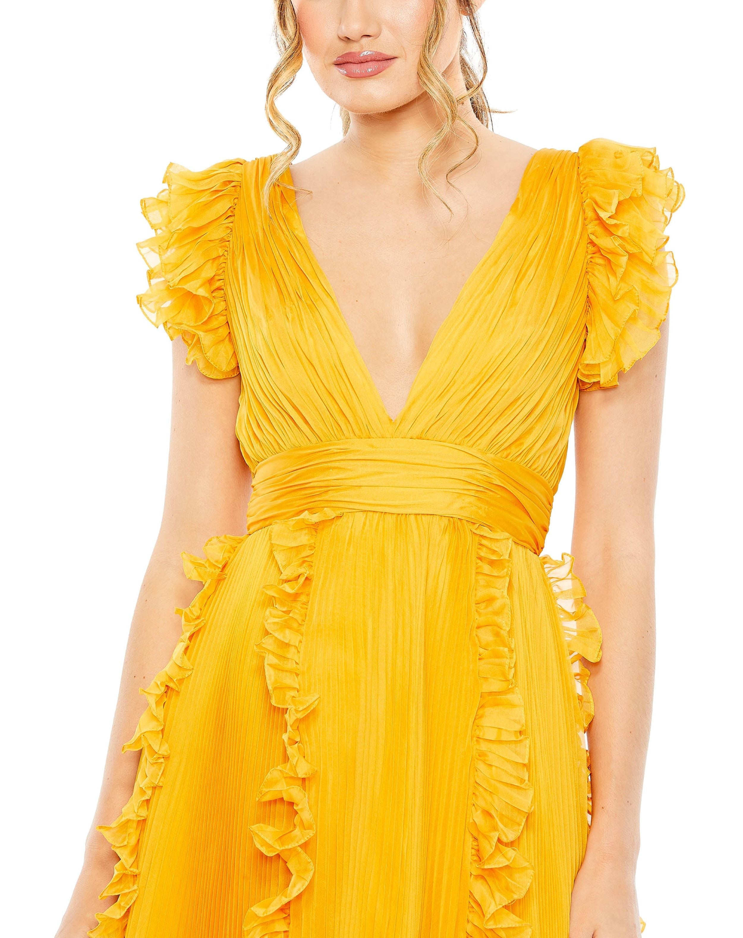 Shop Pleated Ruffle Cap Sleeve Flowy A Line Gown Online