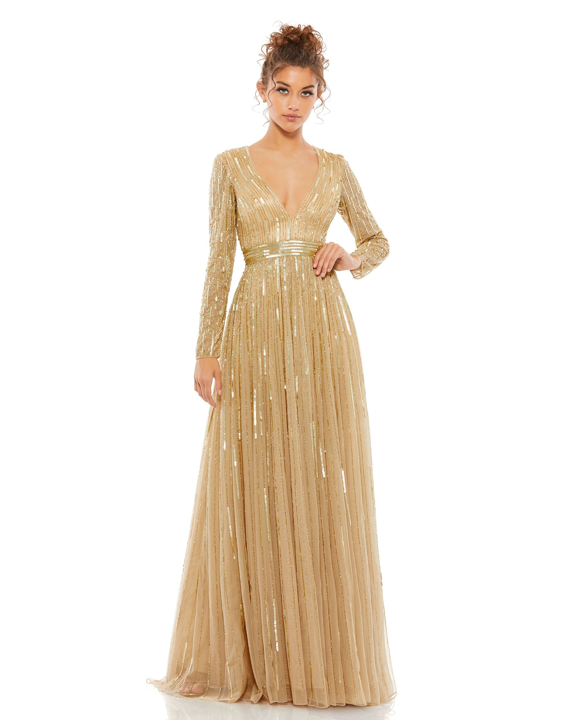 Shop Sequined Long Sleeve Plunging V-Neck Gown Online