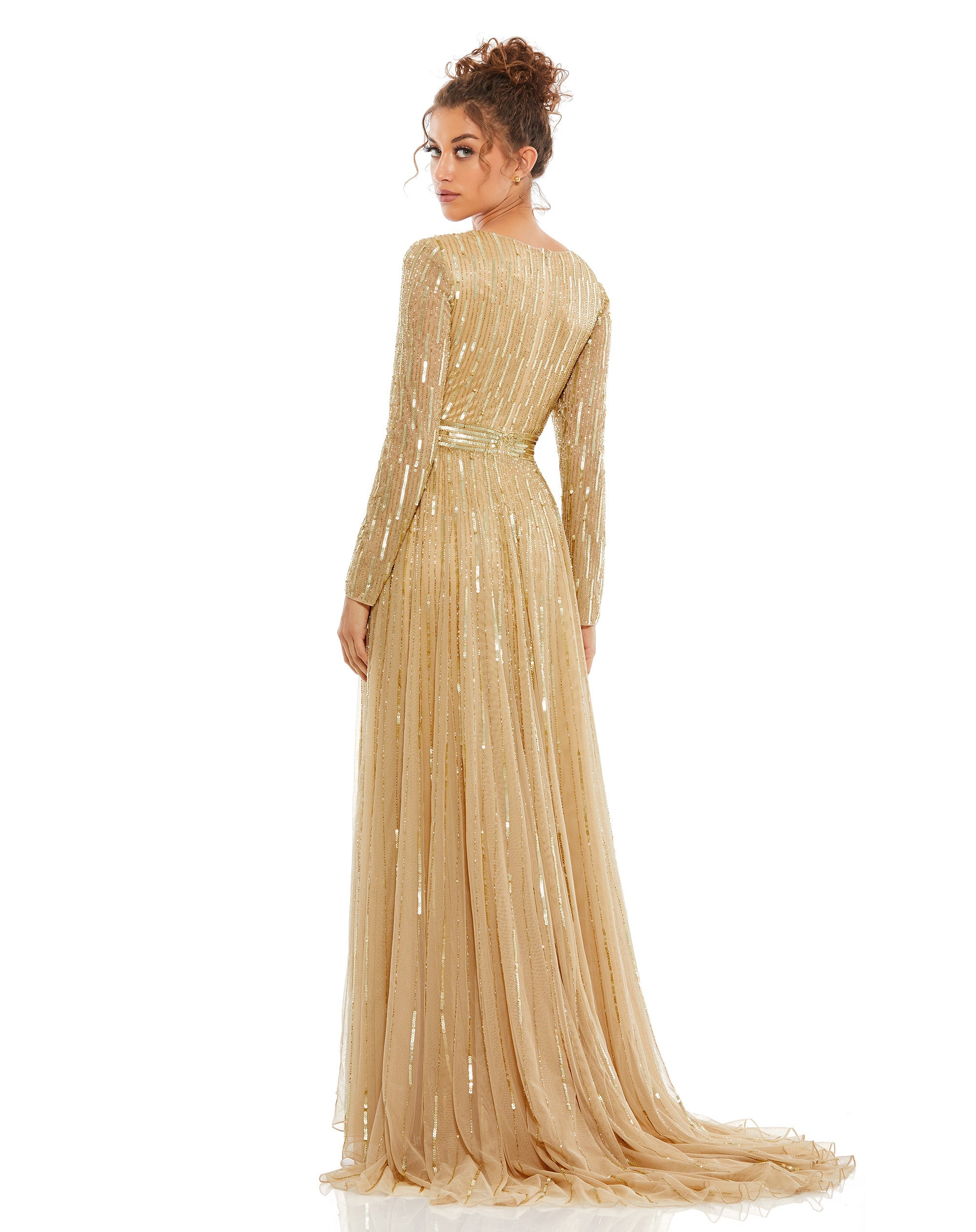 Shop Sequined Long Sleeve Plunging V-Neck Gown Online