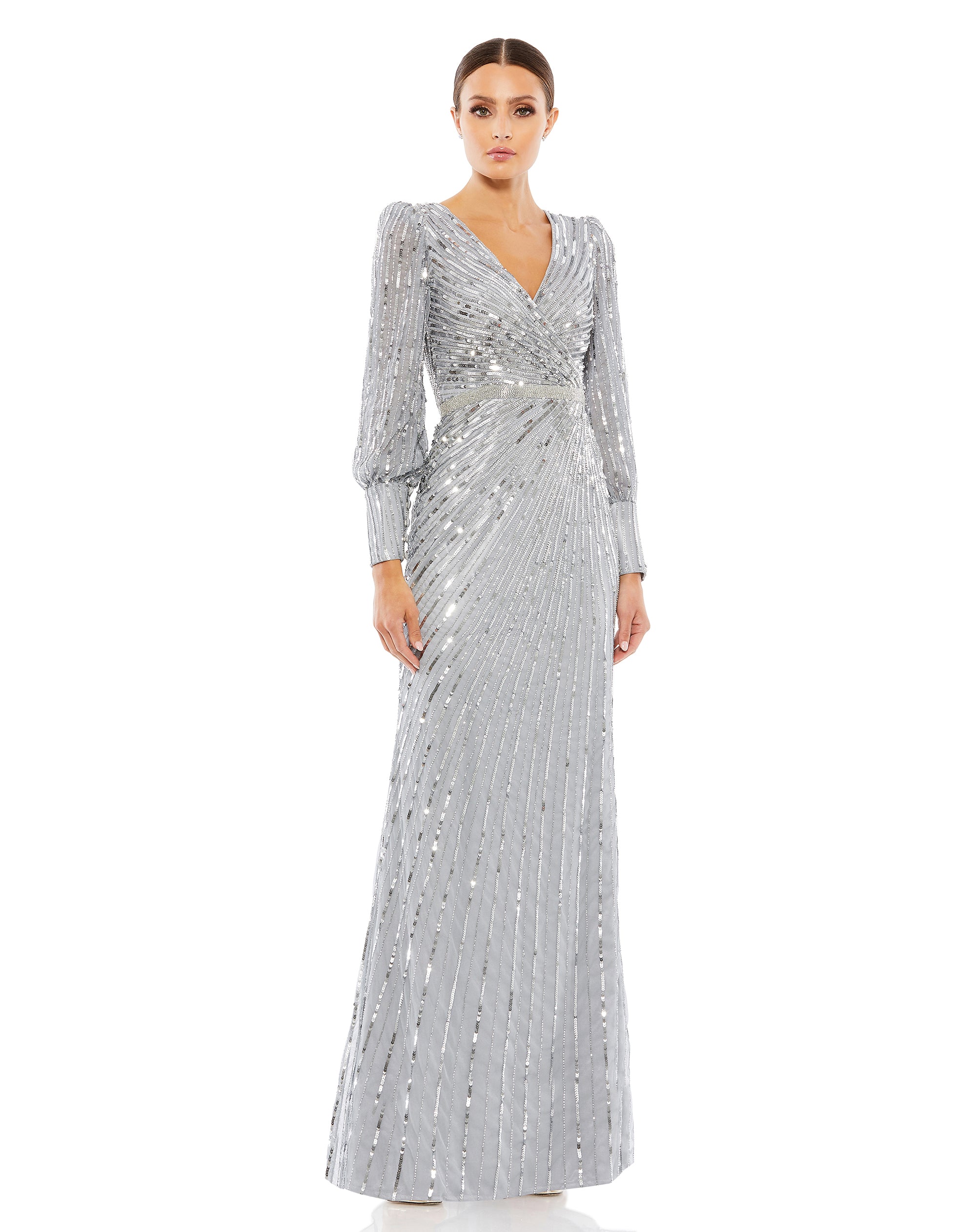 Shop Sequined Wrap Over Bishop Sleeve Gown Online