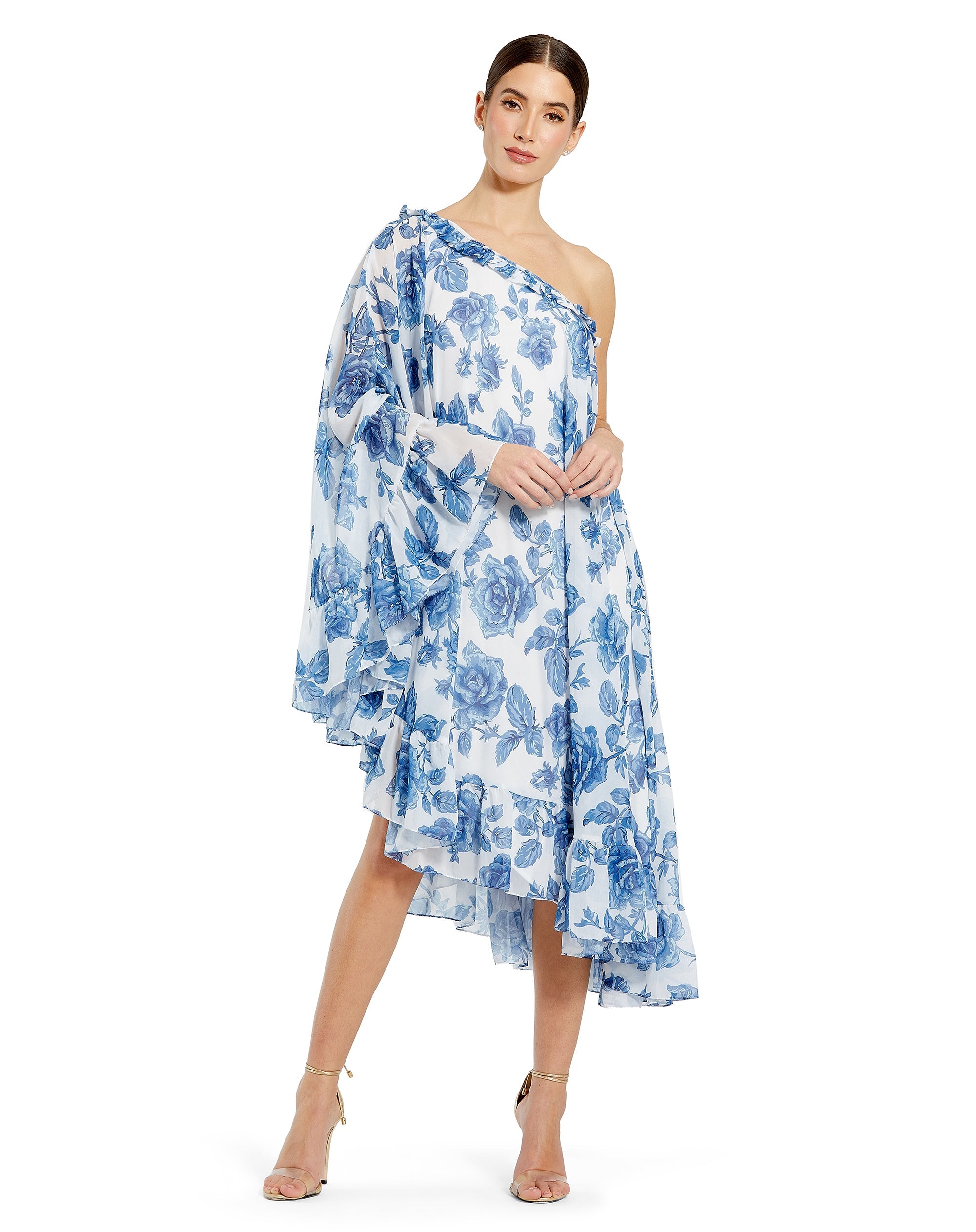 Shop Floral Print One Shoulder Cape Dress Online