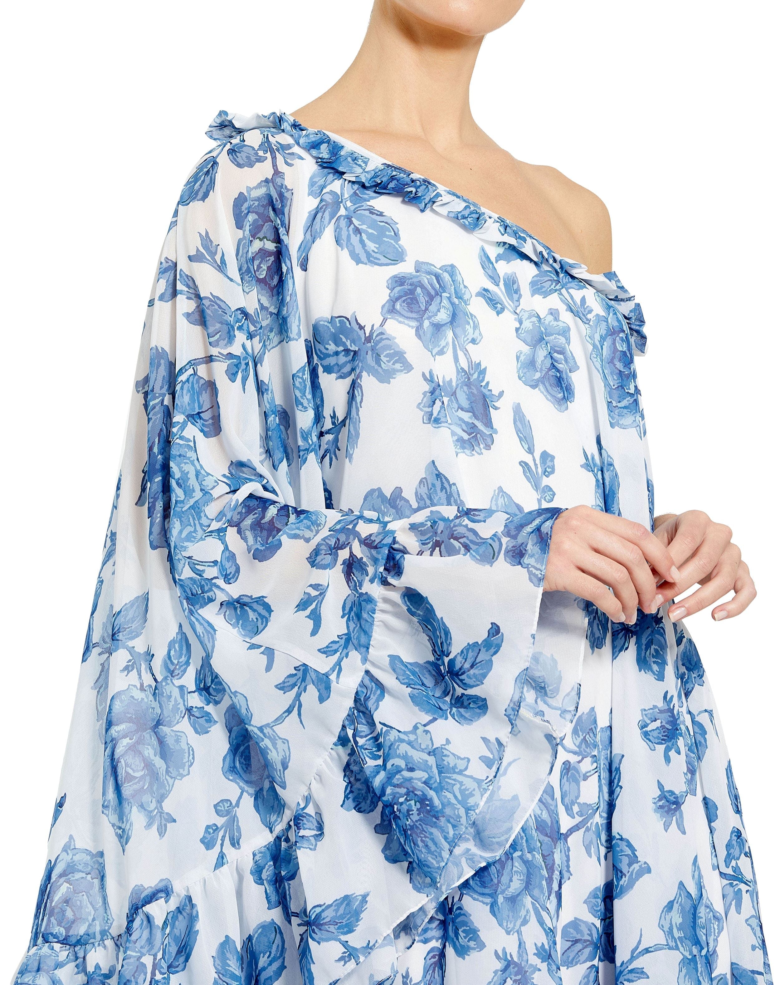 Shop Floral Print One Shoulder Cape Dress Online