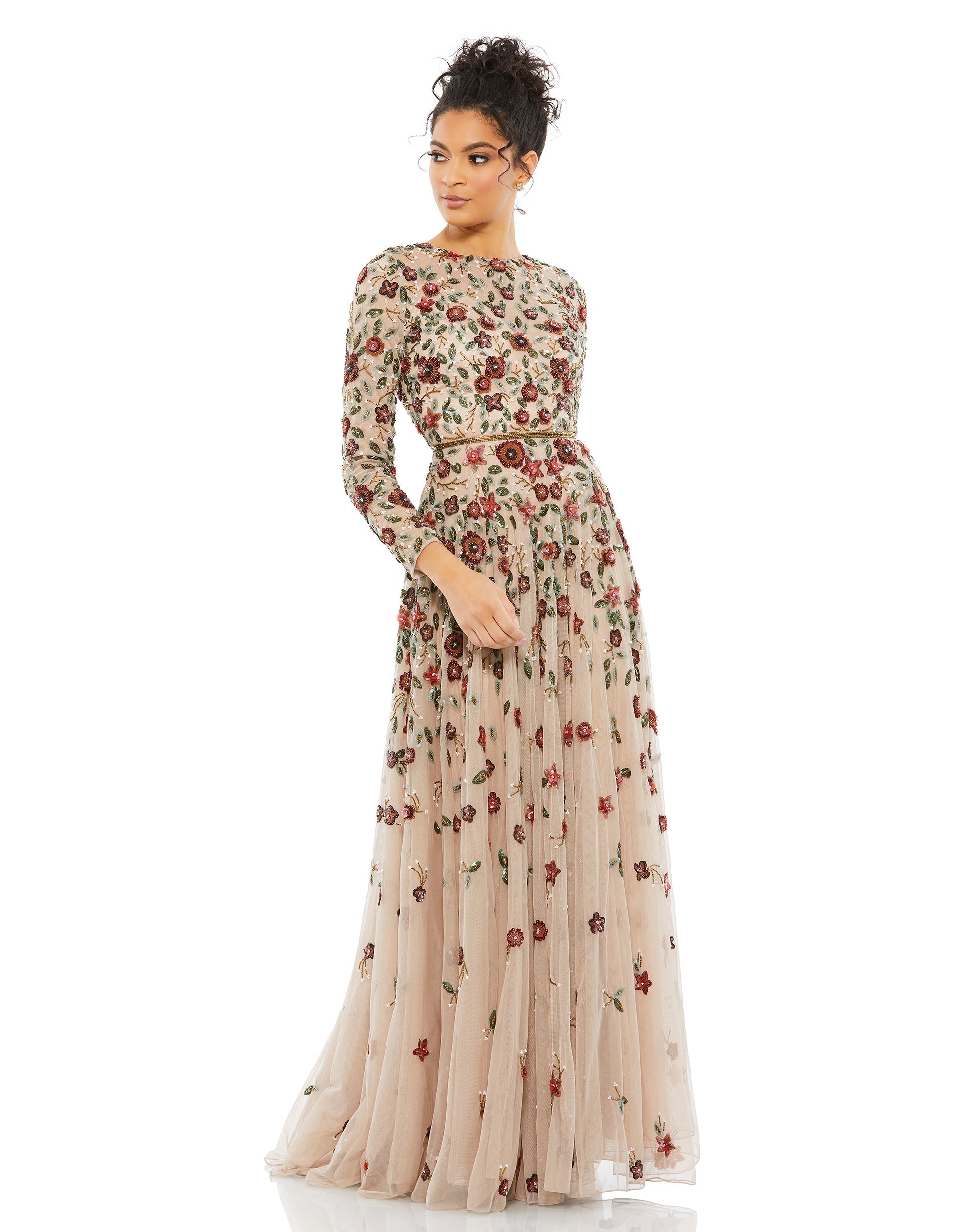 Shop Floral Applique Long Sleeve Illusion Gown Online