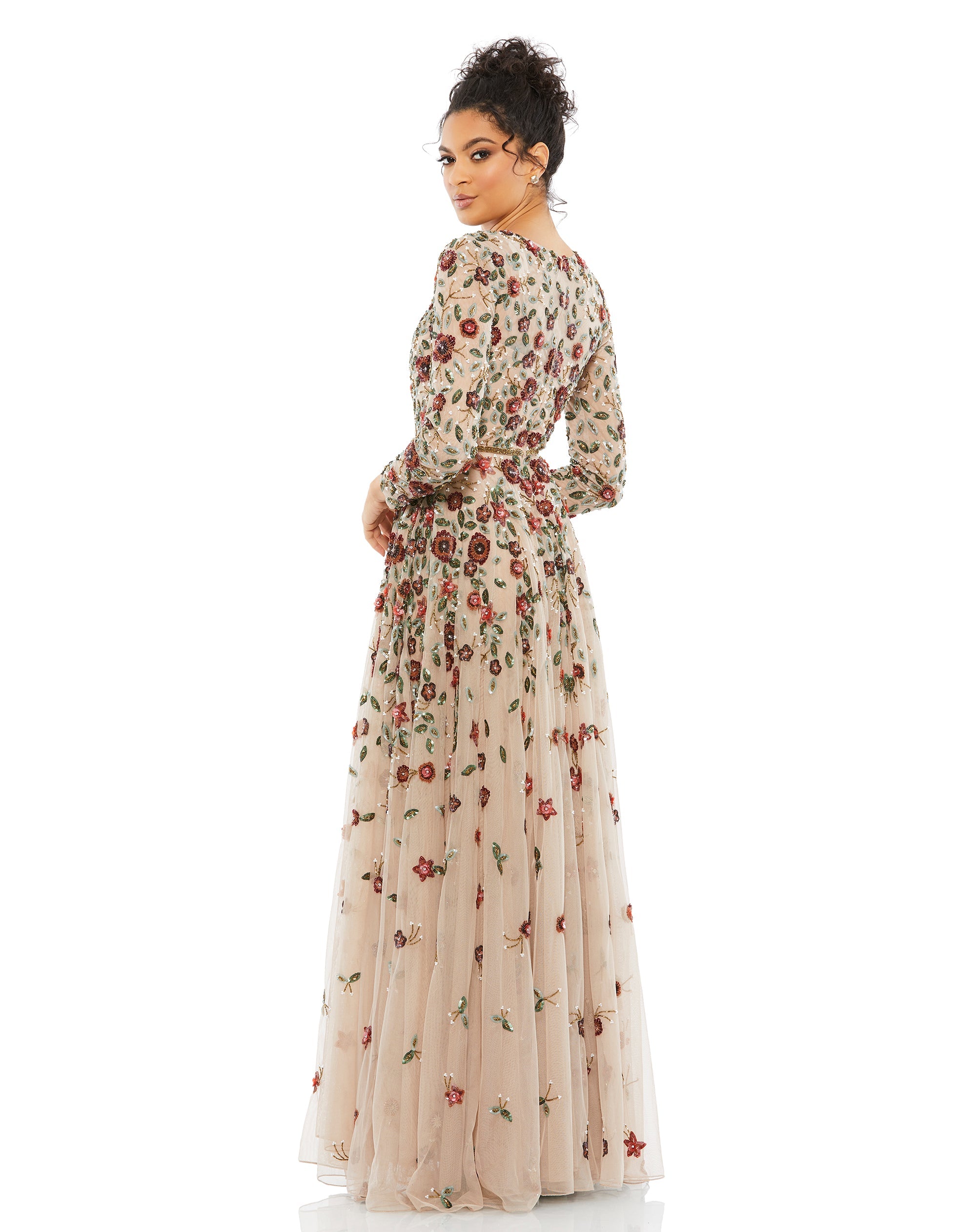 Shop Floral Applique Long Sleeve Illusion Gown Online