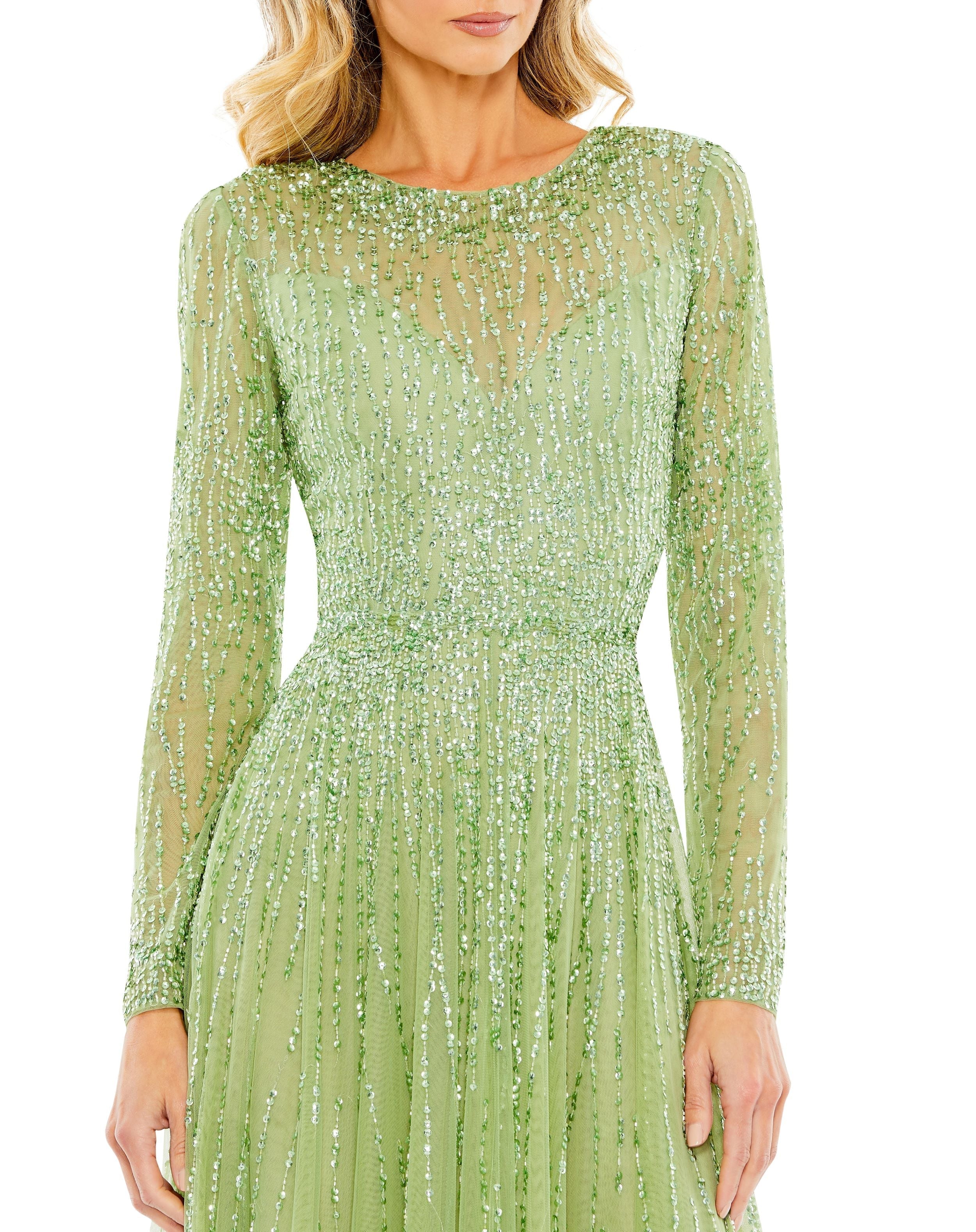 Shop Sequined Illusion High Neck Long Sleeve Gown Online