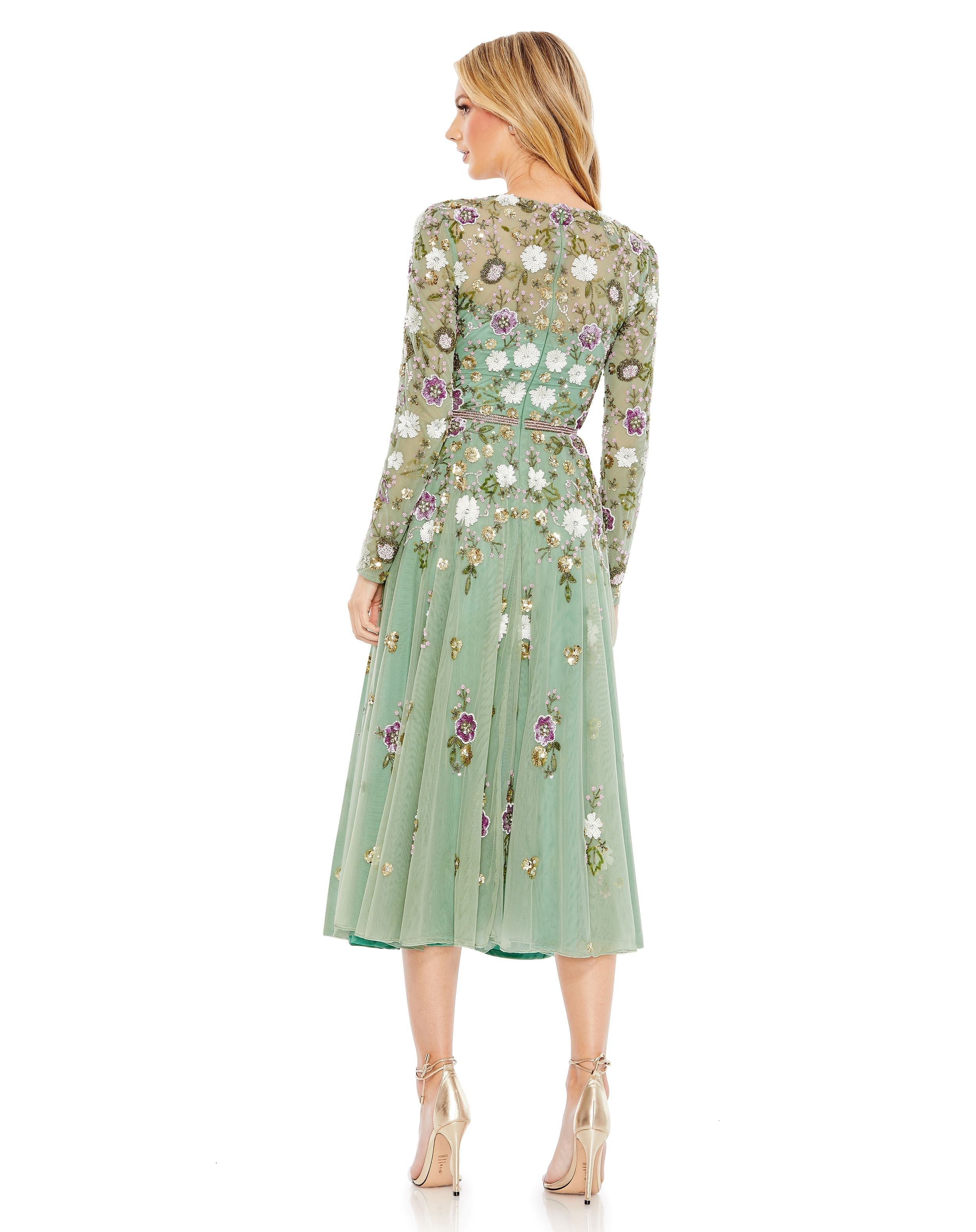 Shop Sequined Floral Long Sleeve High Neck Midi Dress Online