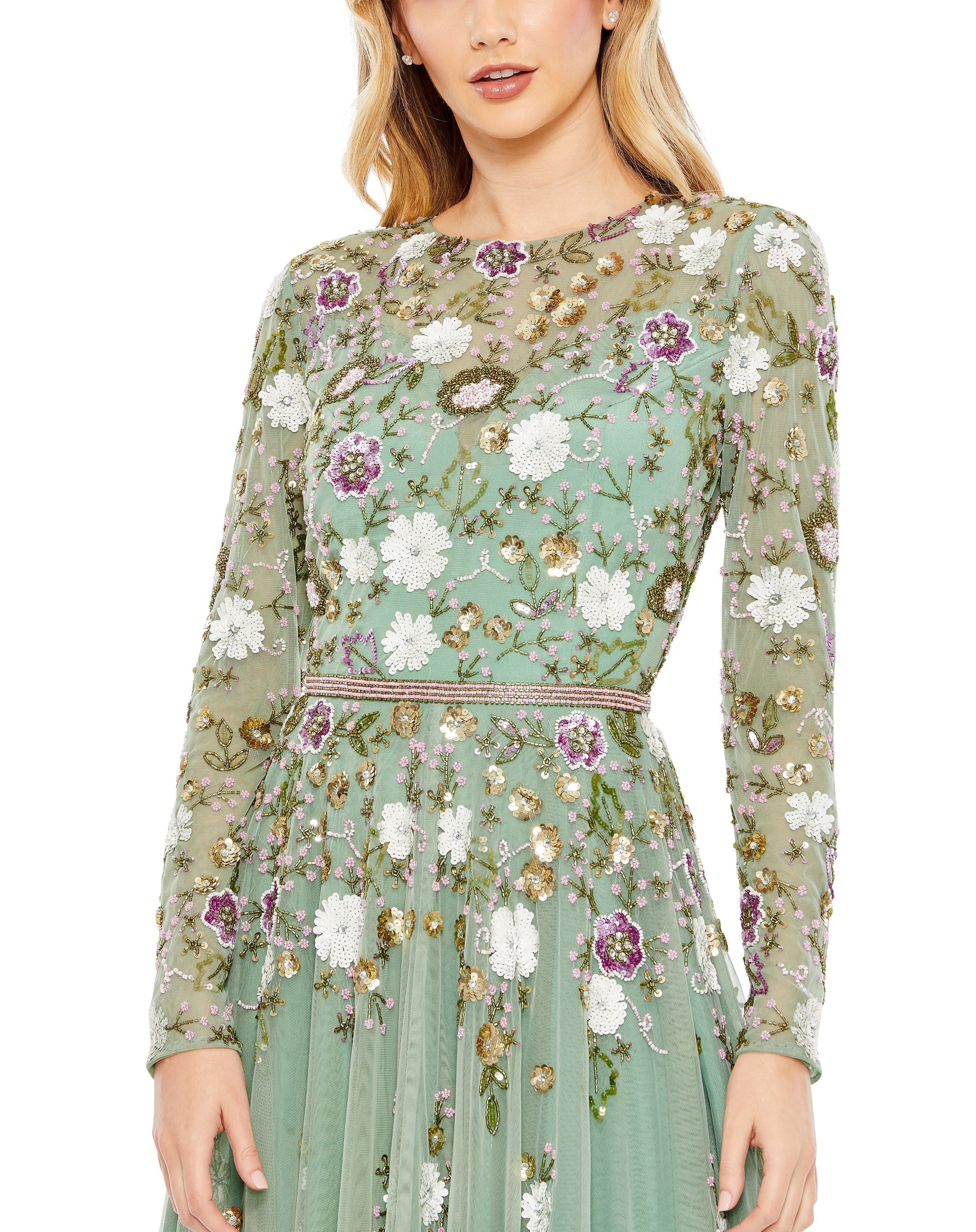 Shop Sequined Floral Long Sleeve High Neck Midi Dress Online