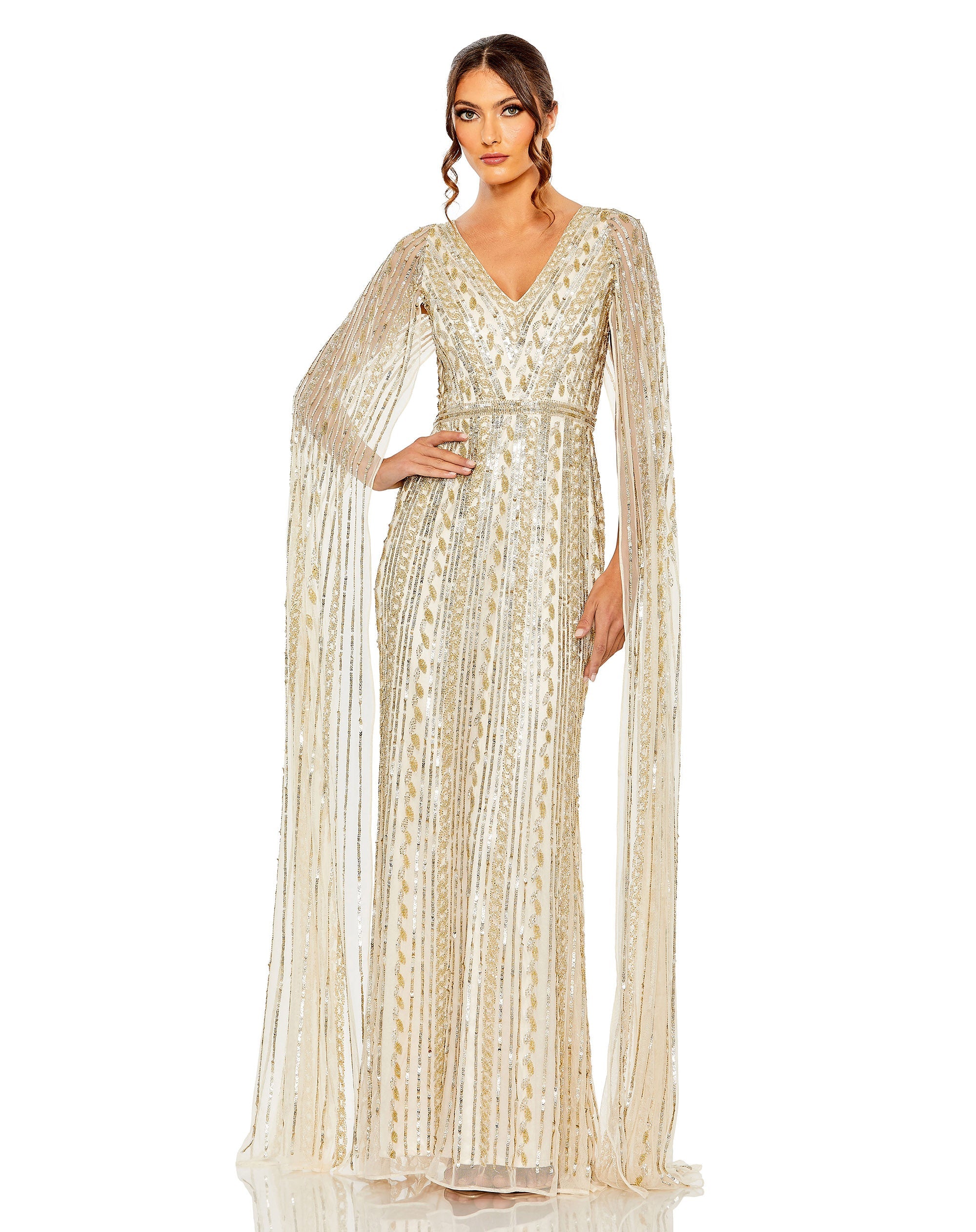 Shop Sequined V-Neck Gown With Cape Sleeves Online