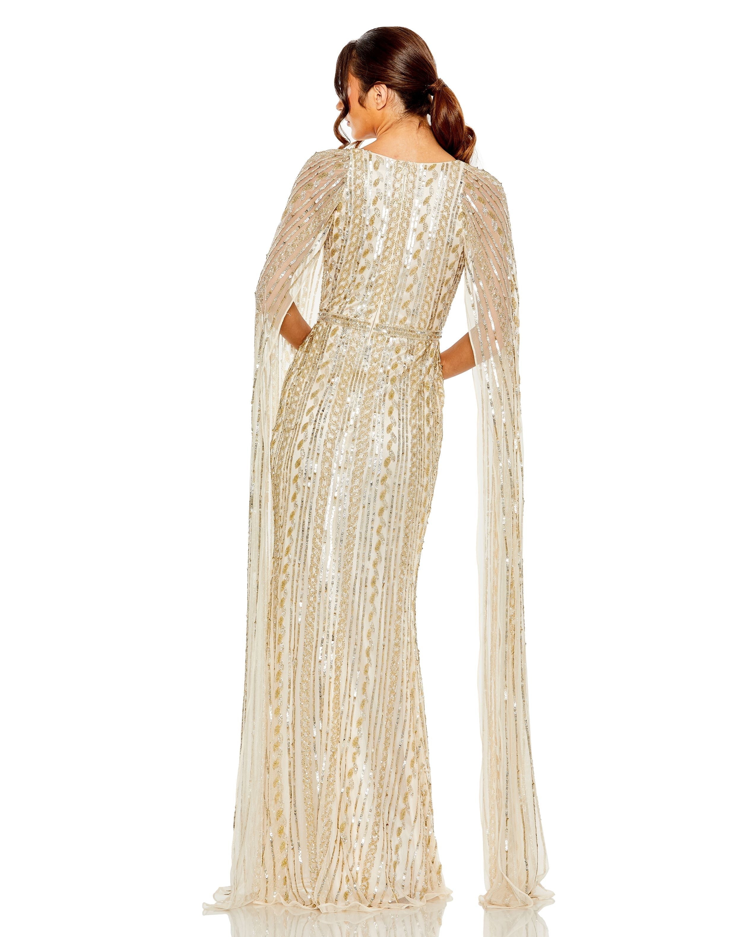 Shop Sequined V-Neck Gown With Cape Sleeves Online