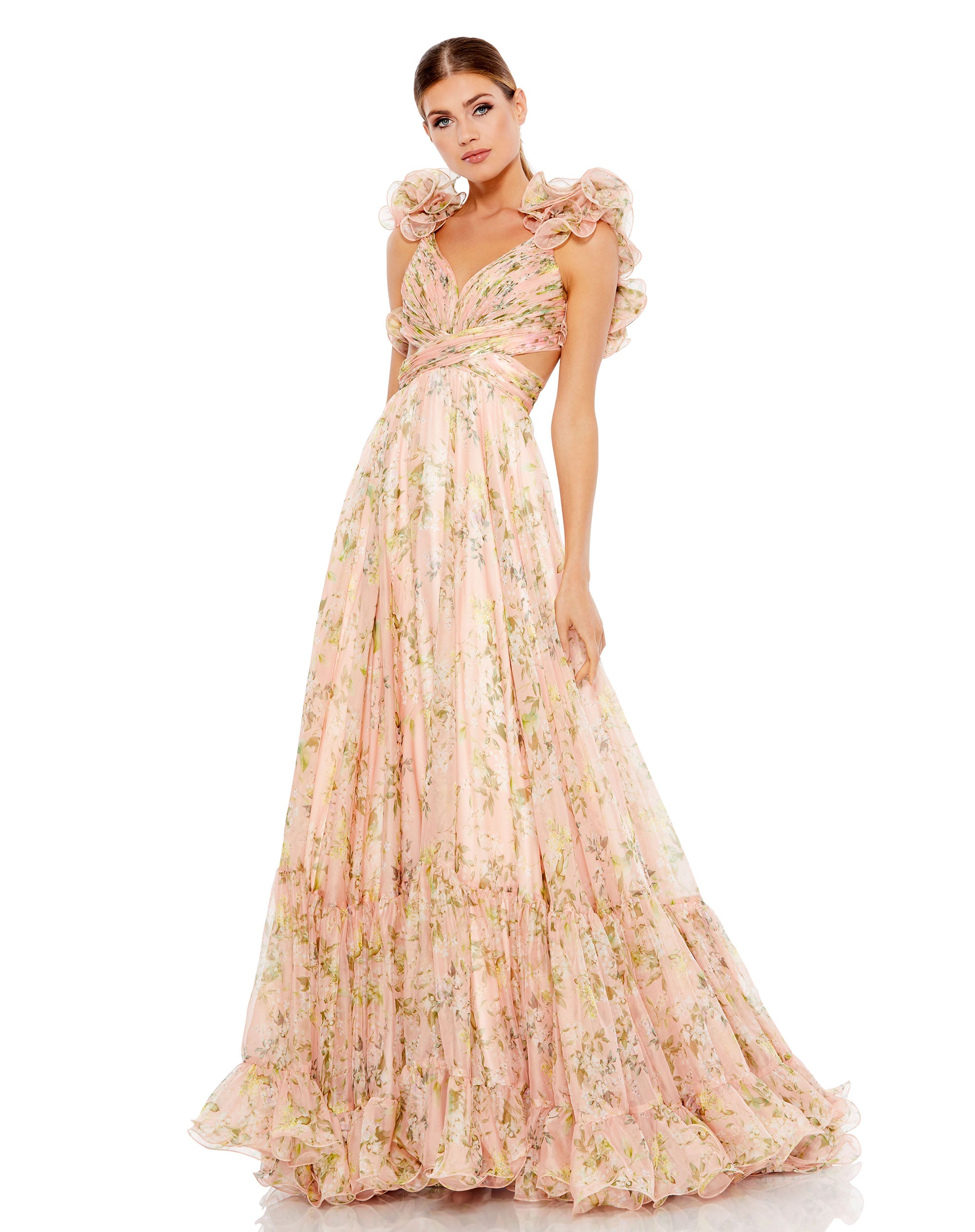 Shop Ruffle Tiered Floral Cut-Out Chiffon Gown Online