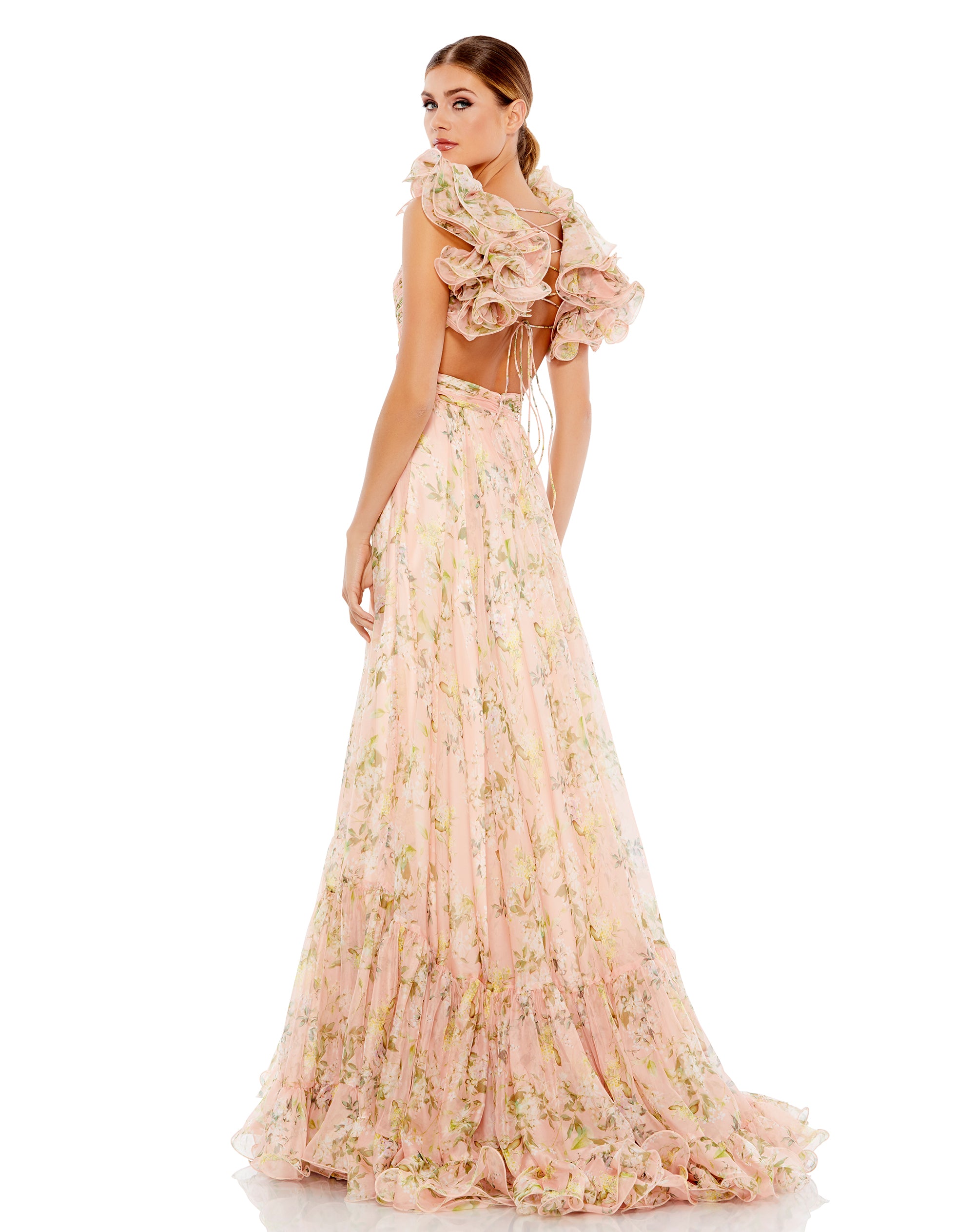 Shop Ruffle Tiered Floral Cut-Out Chiffon Gown Online