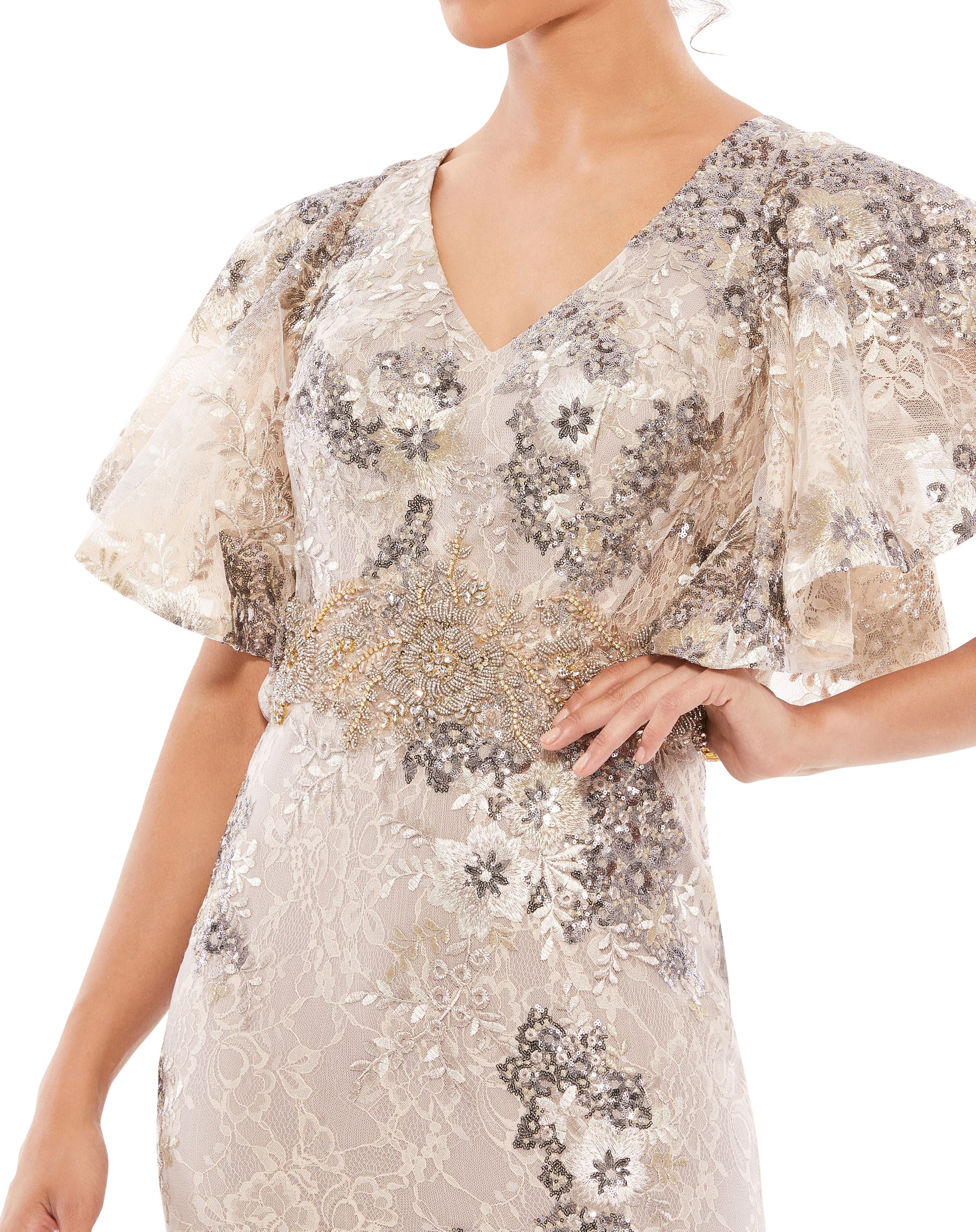 Shop Bell Sleeve Floral Embellished Gown Online