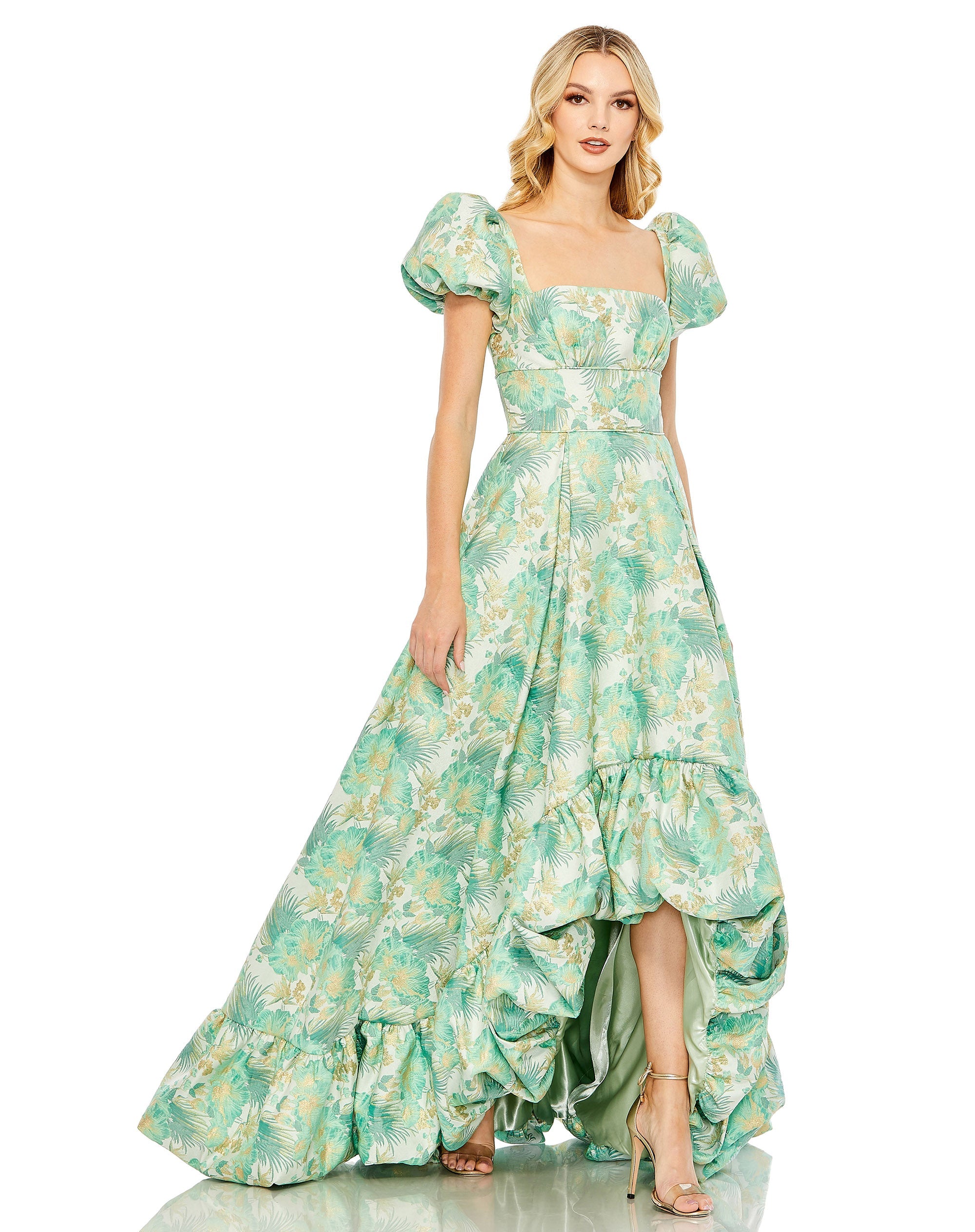 Shop Floral Print Puff Sleeve High Low Brocade Gown Online