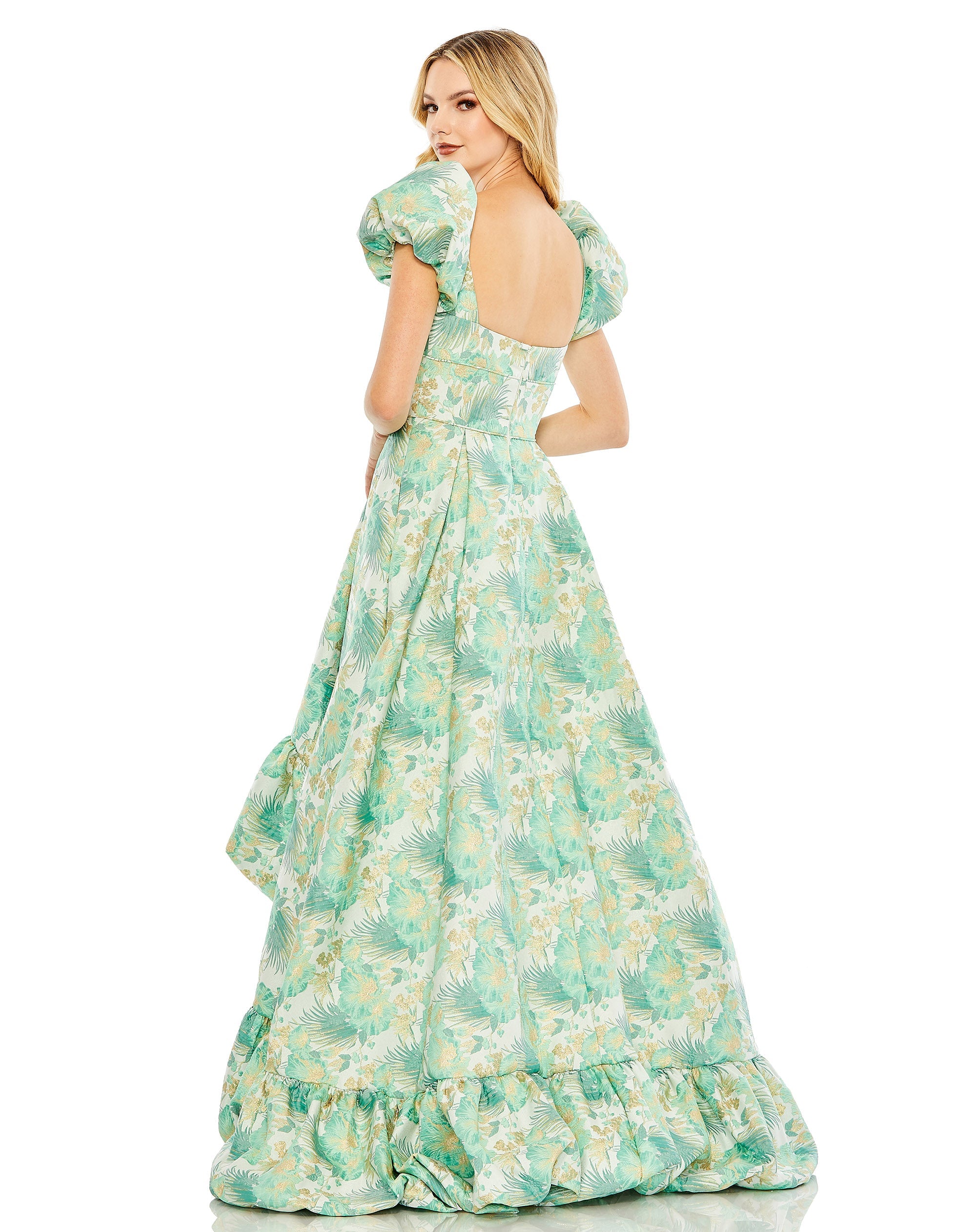 Shop Floral Print Puff Sleeve High Low Brocade Gown Online