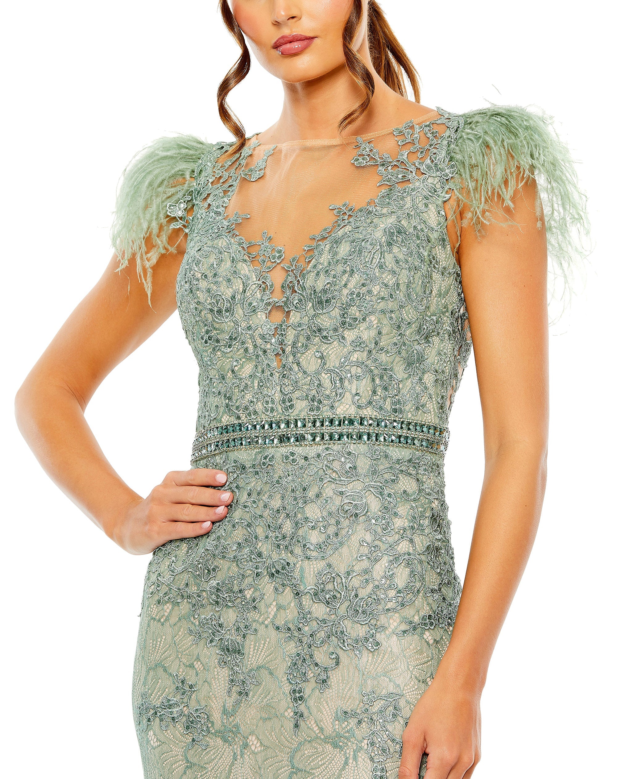 Shop Embellished Feather Cap Sleeve Illusion Neck Trump Online