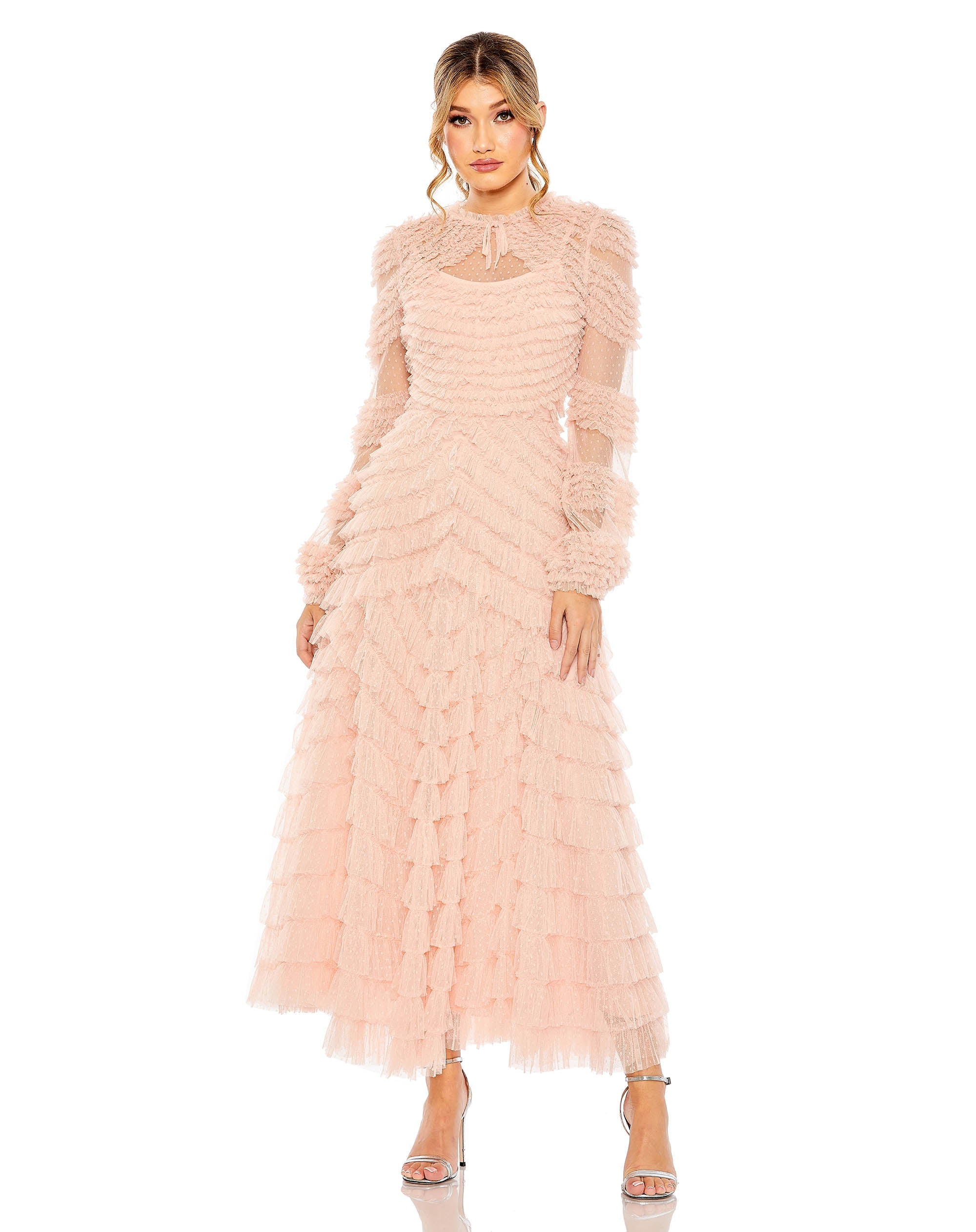 Shop High Neck Puff Long Sleeve Ruffle Tiered Gown Online