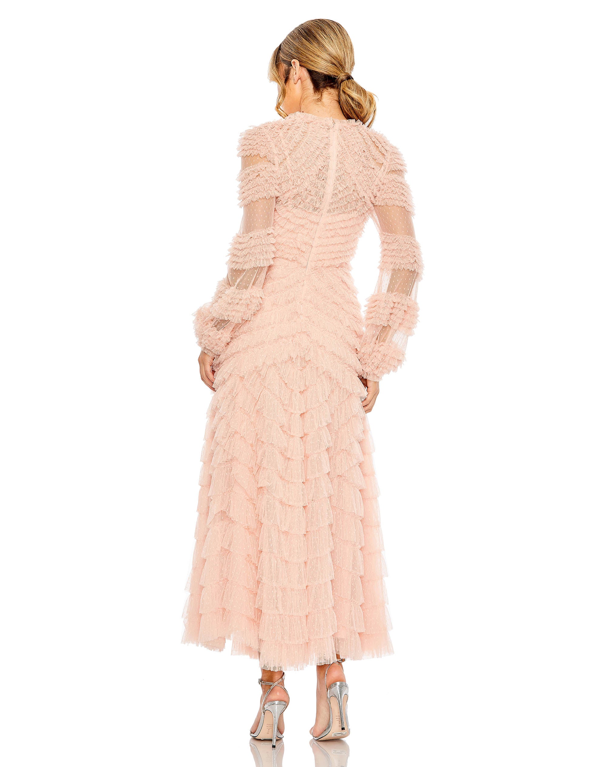 Shop High Neck Puff Long Sleeve Ruffle Tiered Gown Online