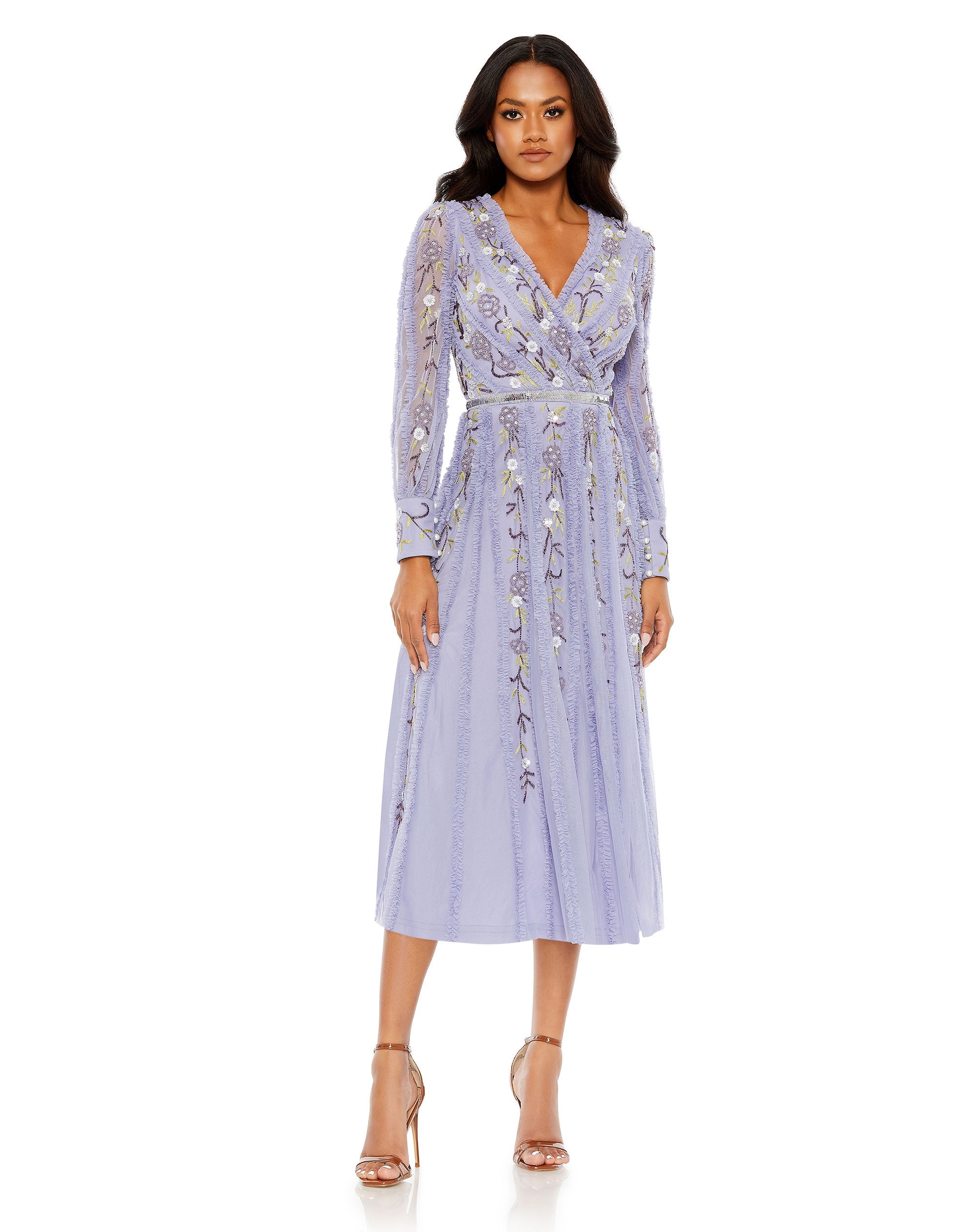 Shop Long Sleeve Embroidered Wrap Midi Dress Online