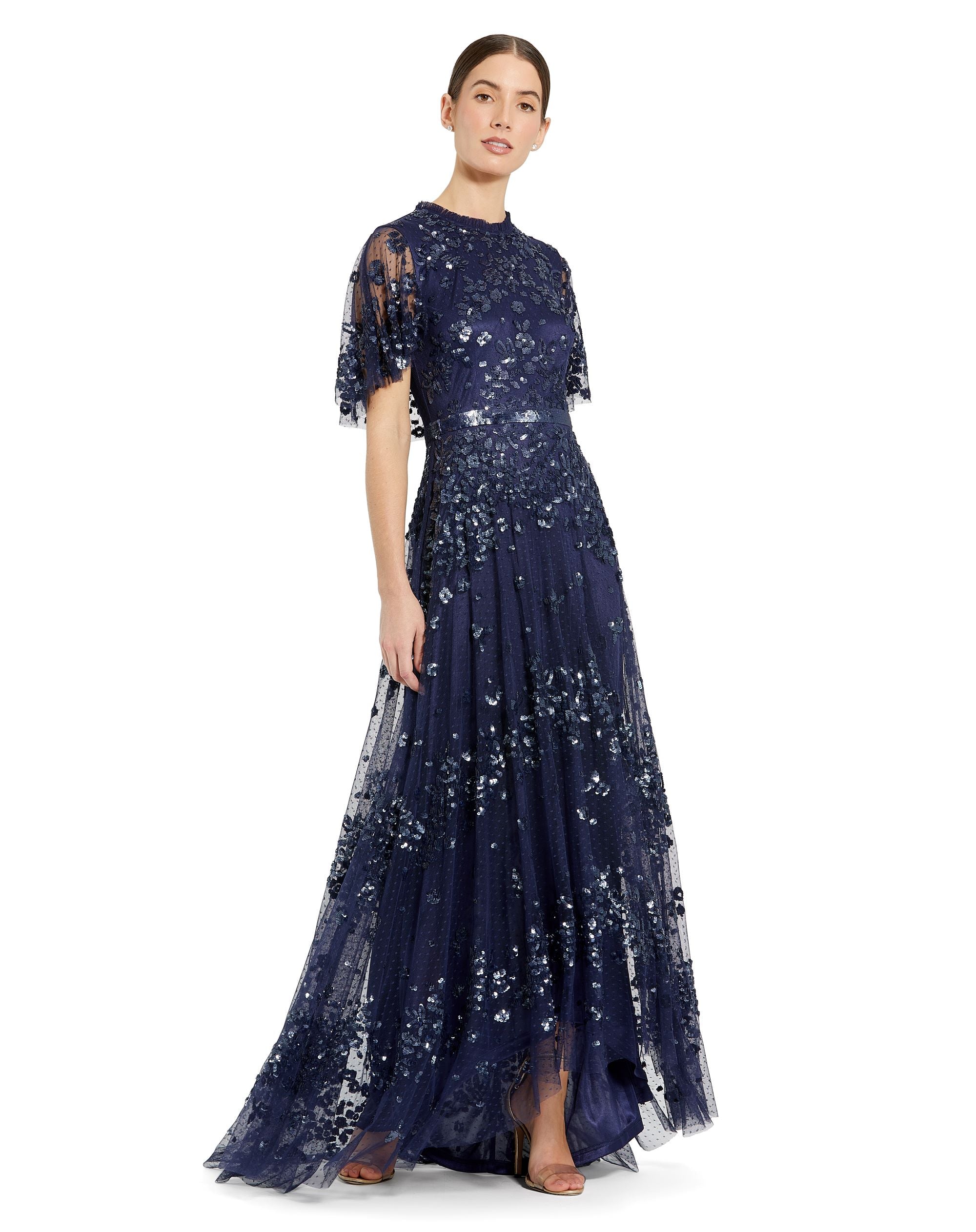 Shop Sequined High Neck Flutter Sleeve A Line Gown Online