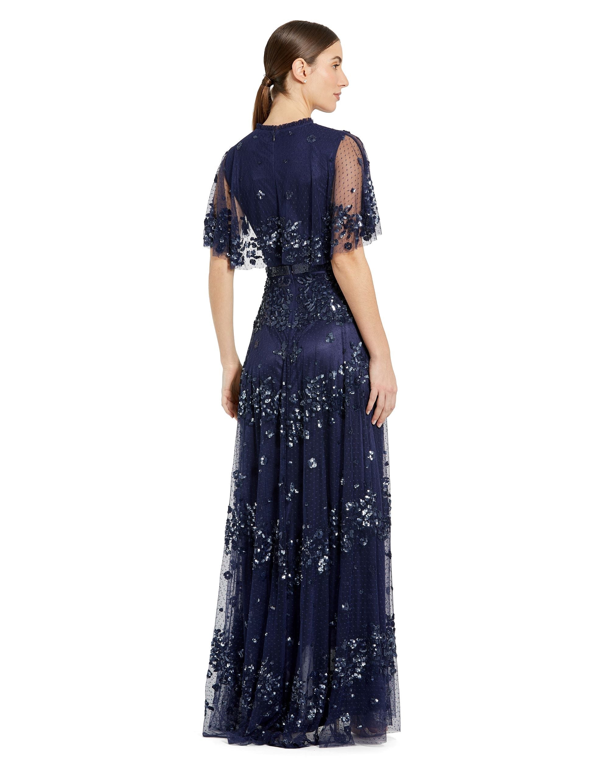 Shop Sequined High Neck Flutter Sleeve A Line Gown Online