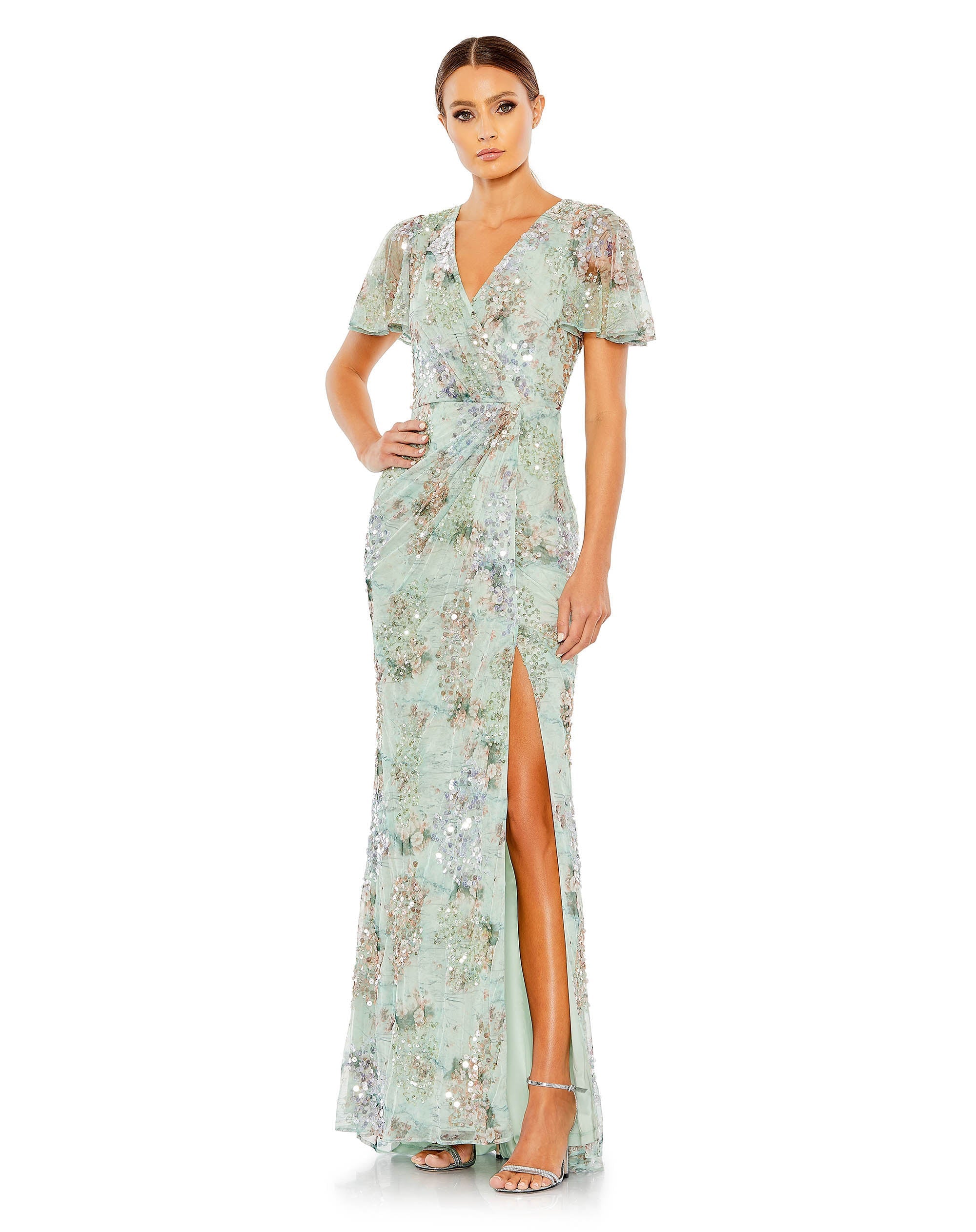 Shop Embellished Butterfly Sleeve Faux Wrap Gown Online