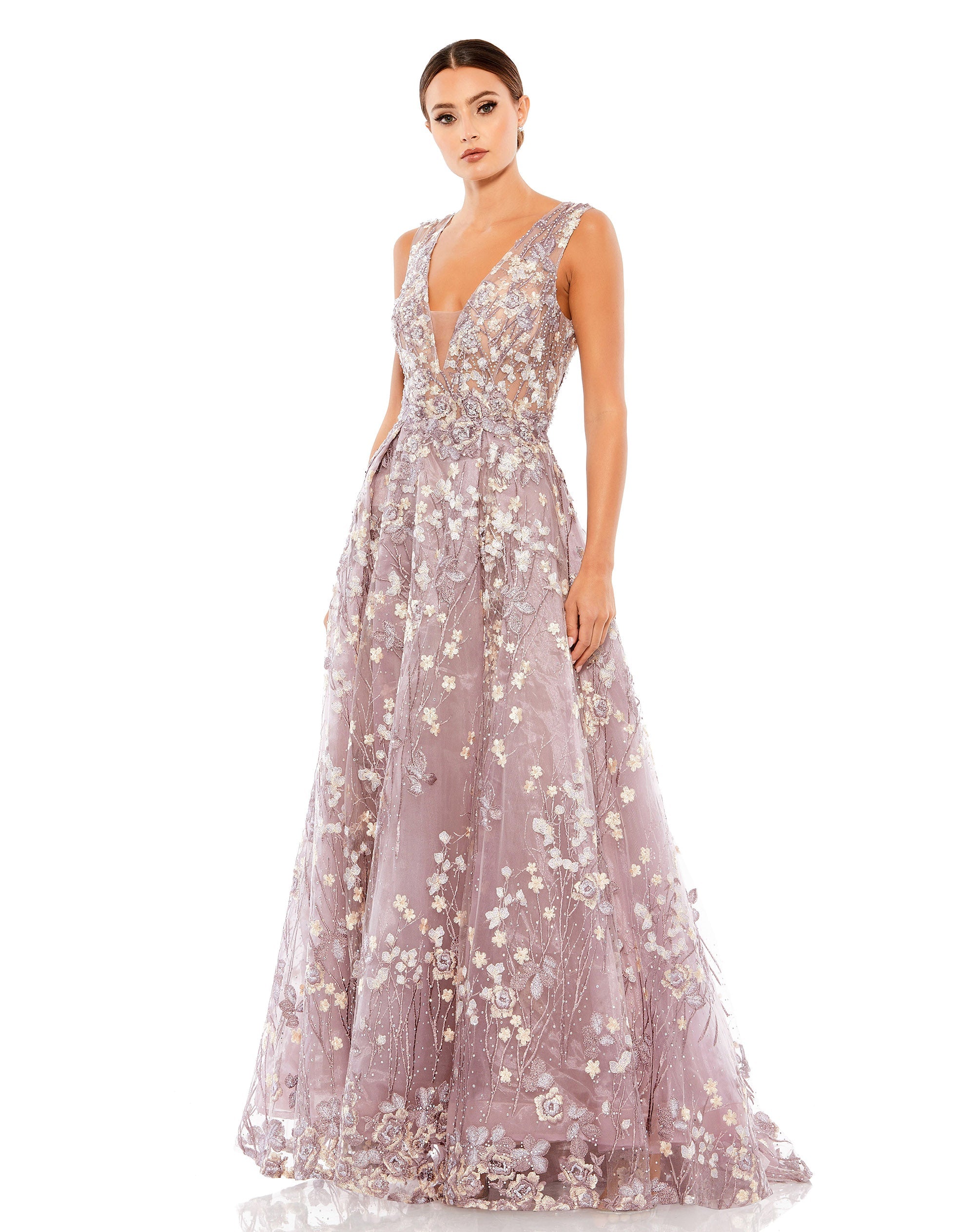 Shop Floral Embroidered Illusion V-Neck Gown Online