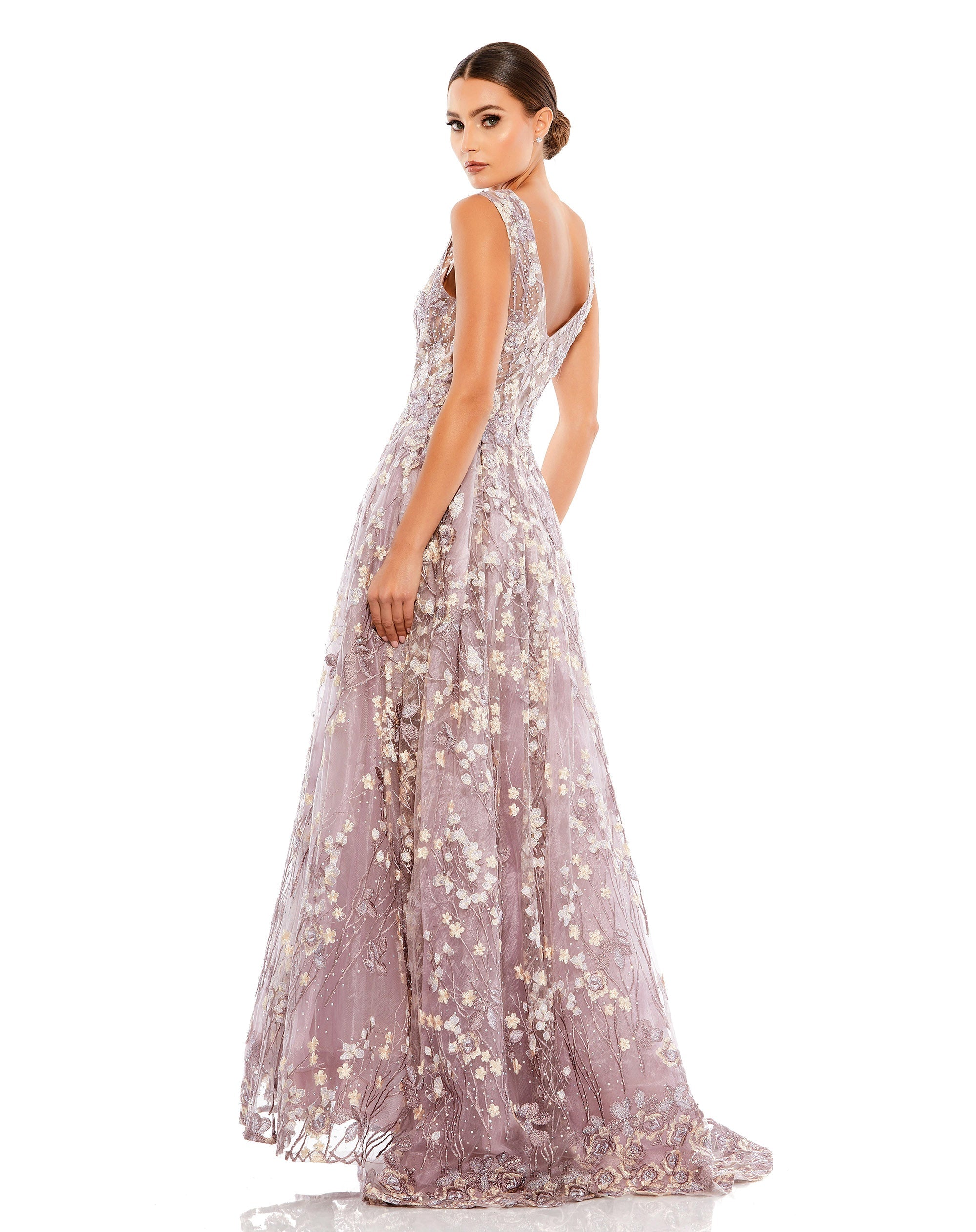 Shop Floral Embroidered Illusion V-Neck Gown Online