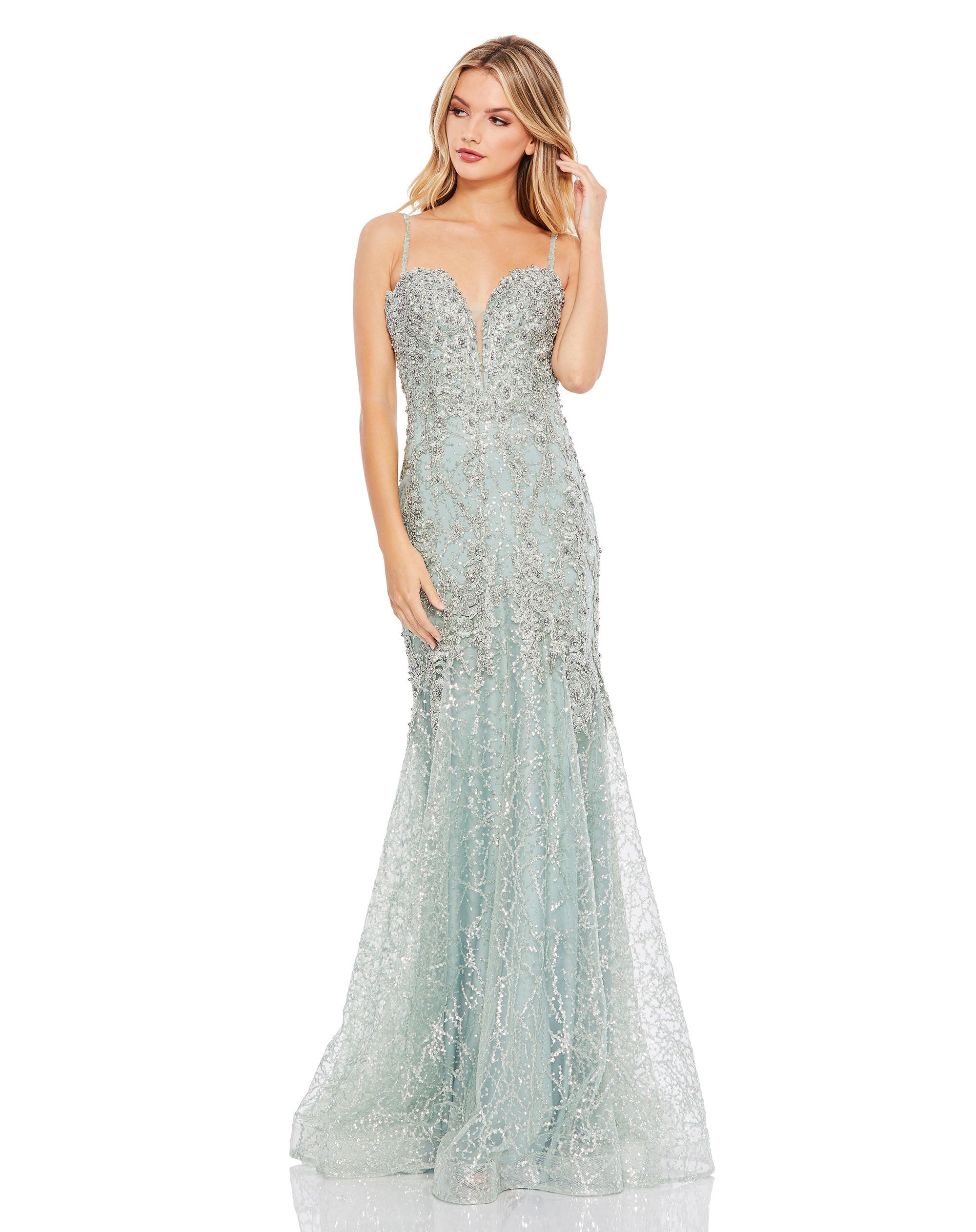 Shop Embellished Sleeveless Plunge Neck Trumpet Gown Online