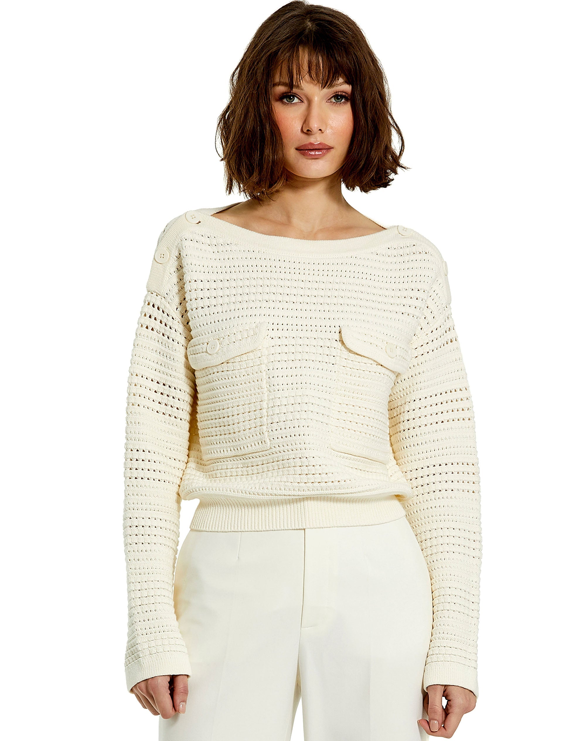 Shop Long Sleeve Crochet Knit Crew Neck Sweater With Pockets Online